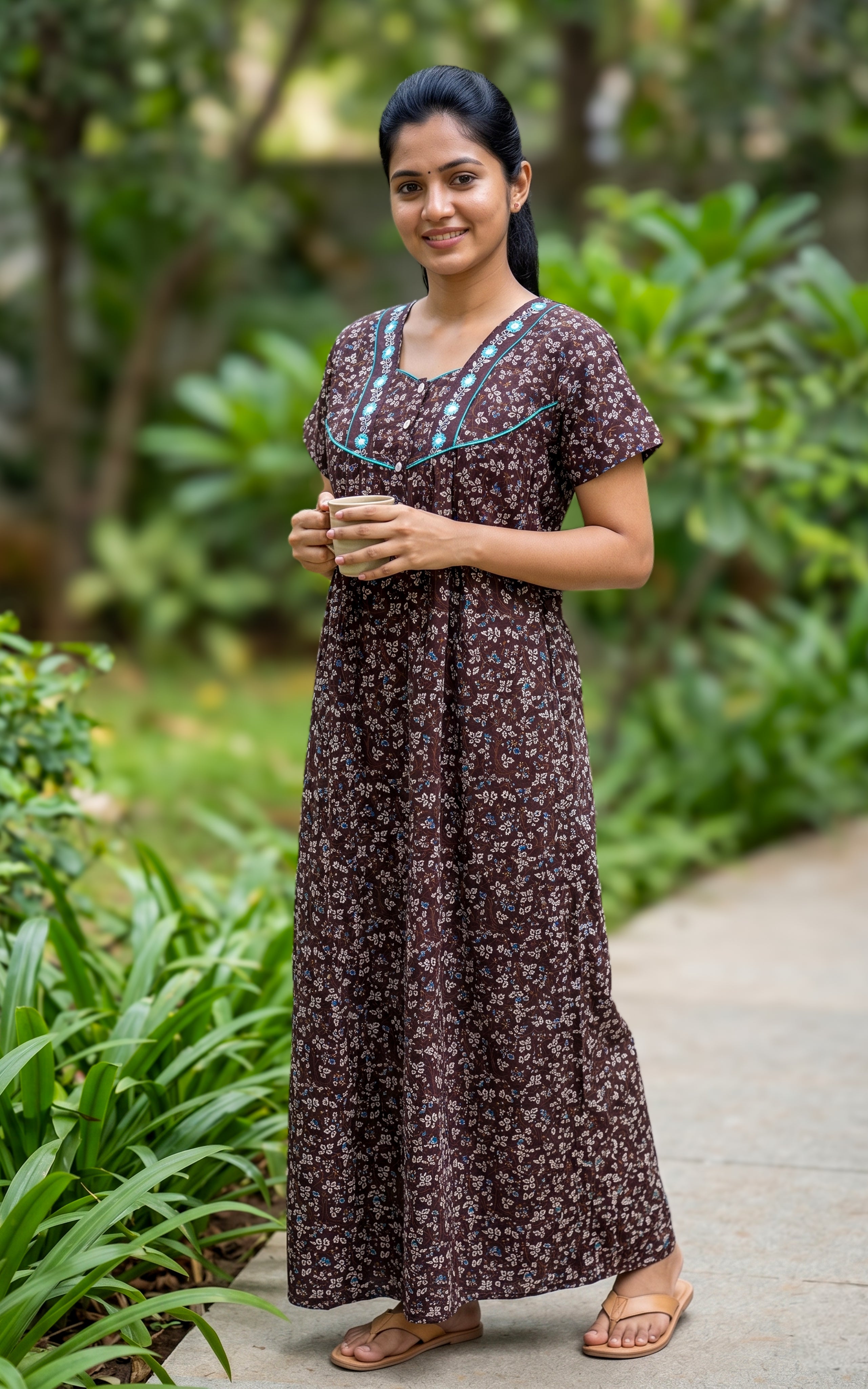Instore - Dark Brown Floral Print Cotton Long Nighty with Side Pocket, Relaxed Fit, Women's Sleepwear