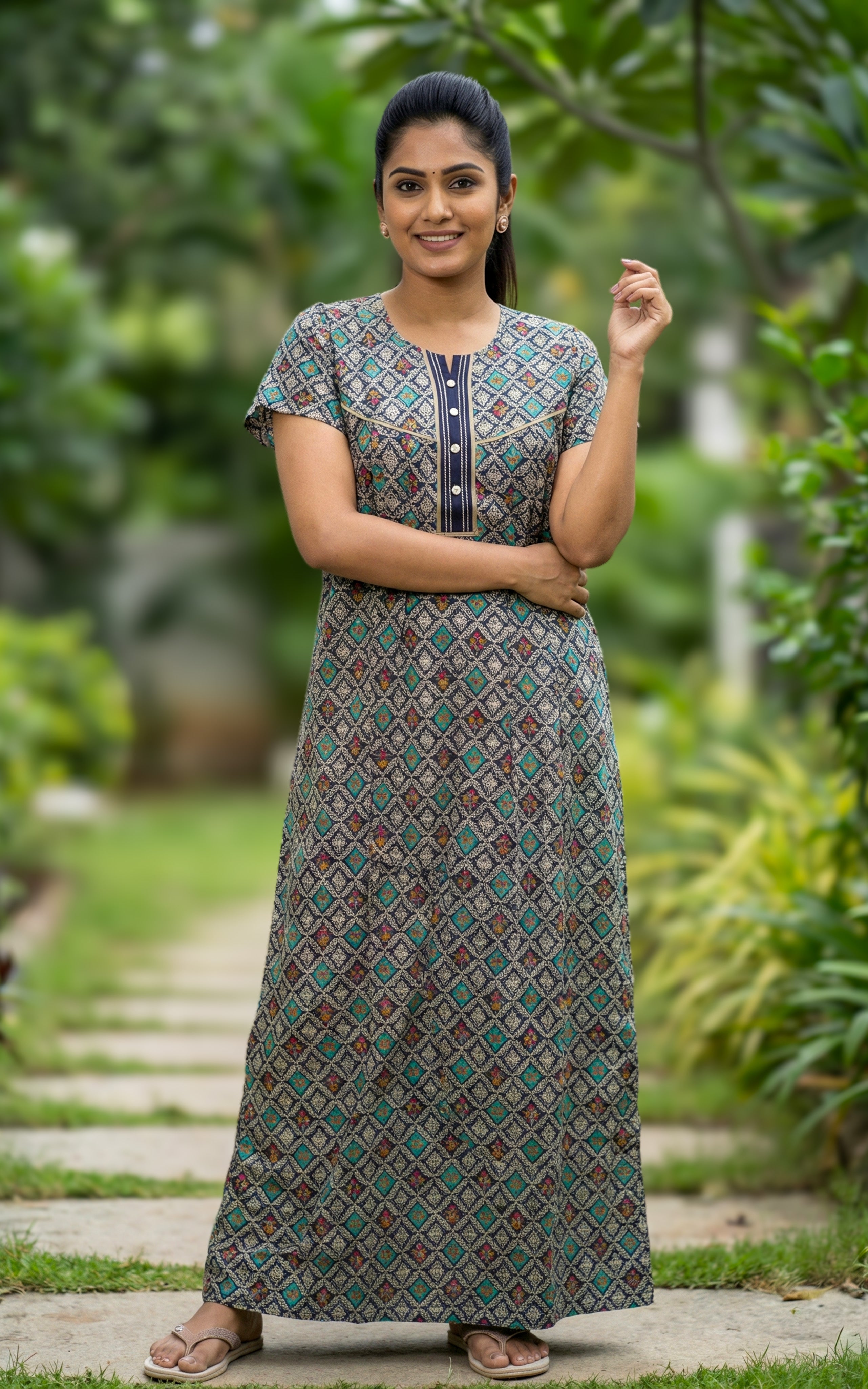 Instore – Grey Multicolor Cotton Long Nighty, All-Over Ethnic Geometric Design, Round Neck with Contrast Navy Blue Placket & Button Detailing, Relaxed Fit, Women's Sleepwear