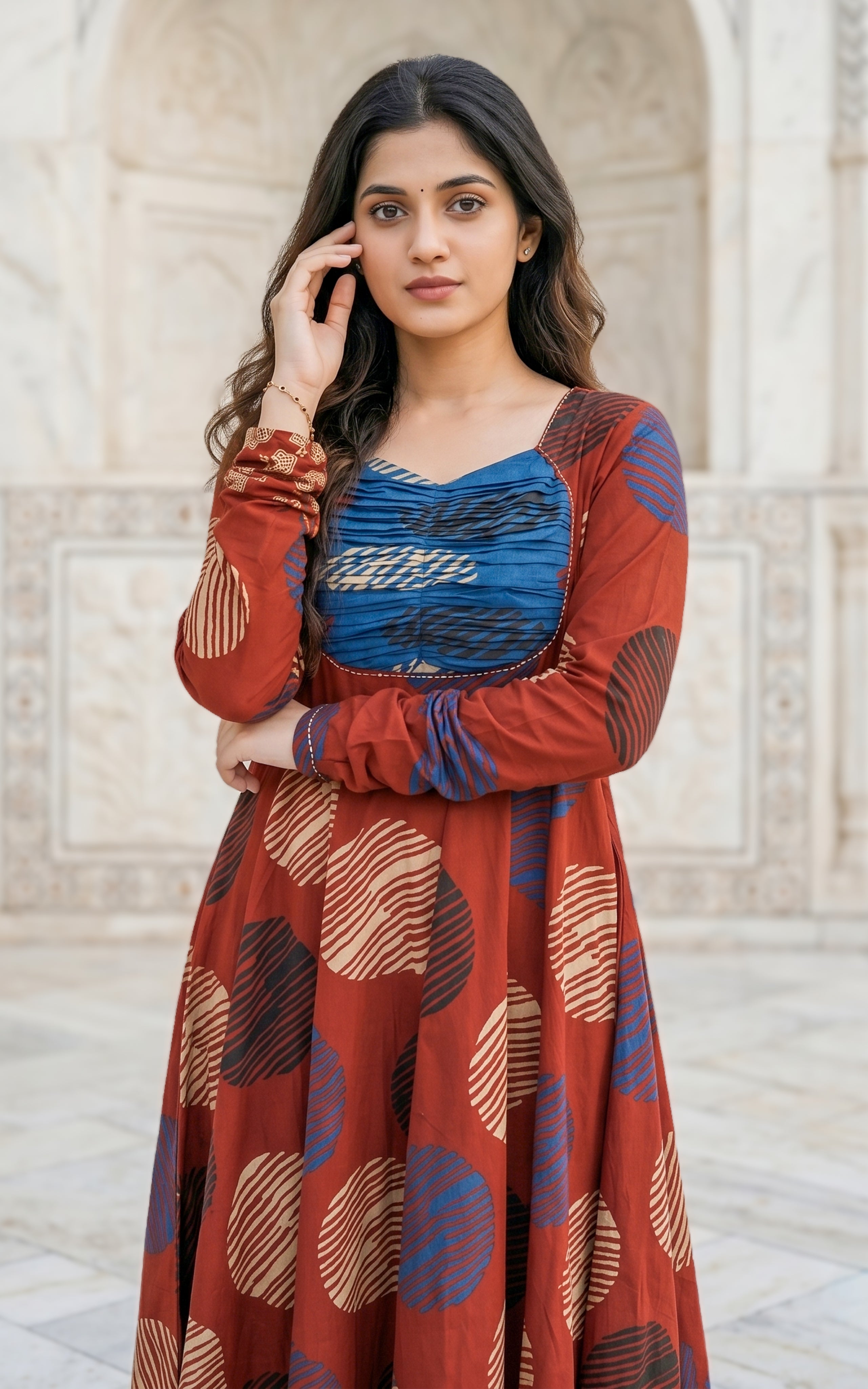 Instore - Maroon Color Printed Cotton Flared Anarkali Kurti with Line Embroidery & Sweetheart Neck with Gathered Sleeve