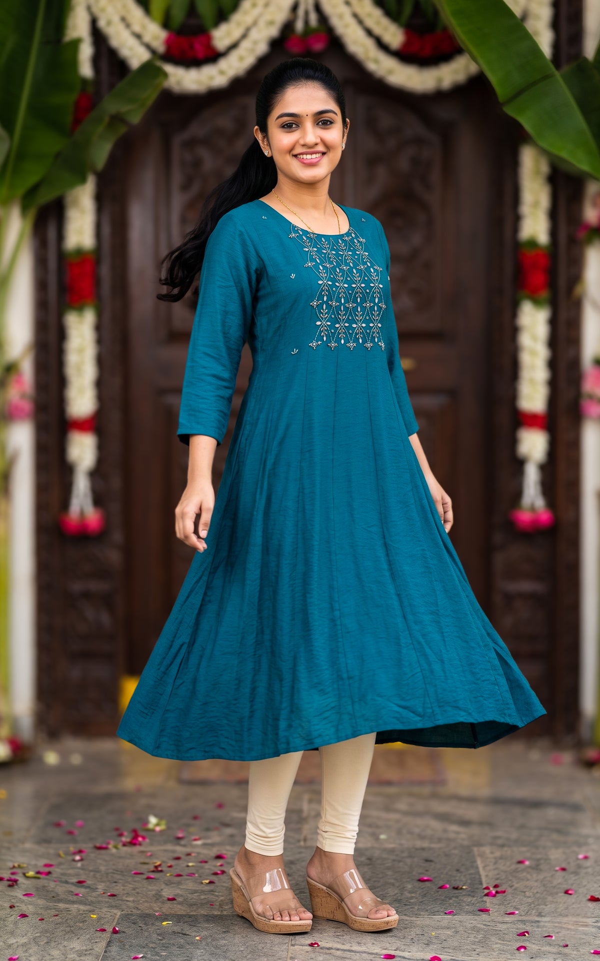 Teal Art Silk Blend Designer Anarkali Kurti for Women