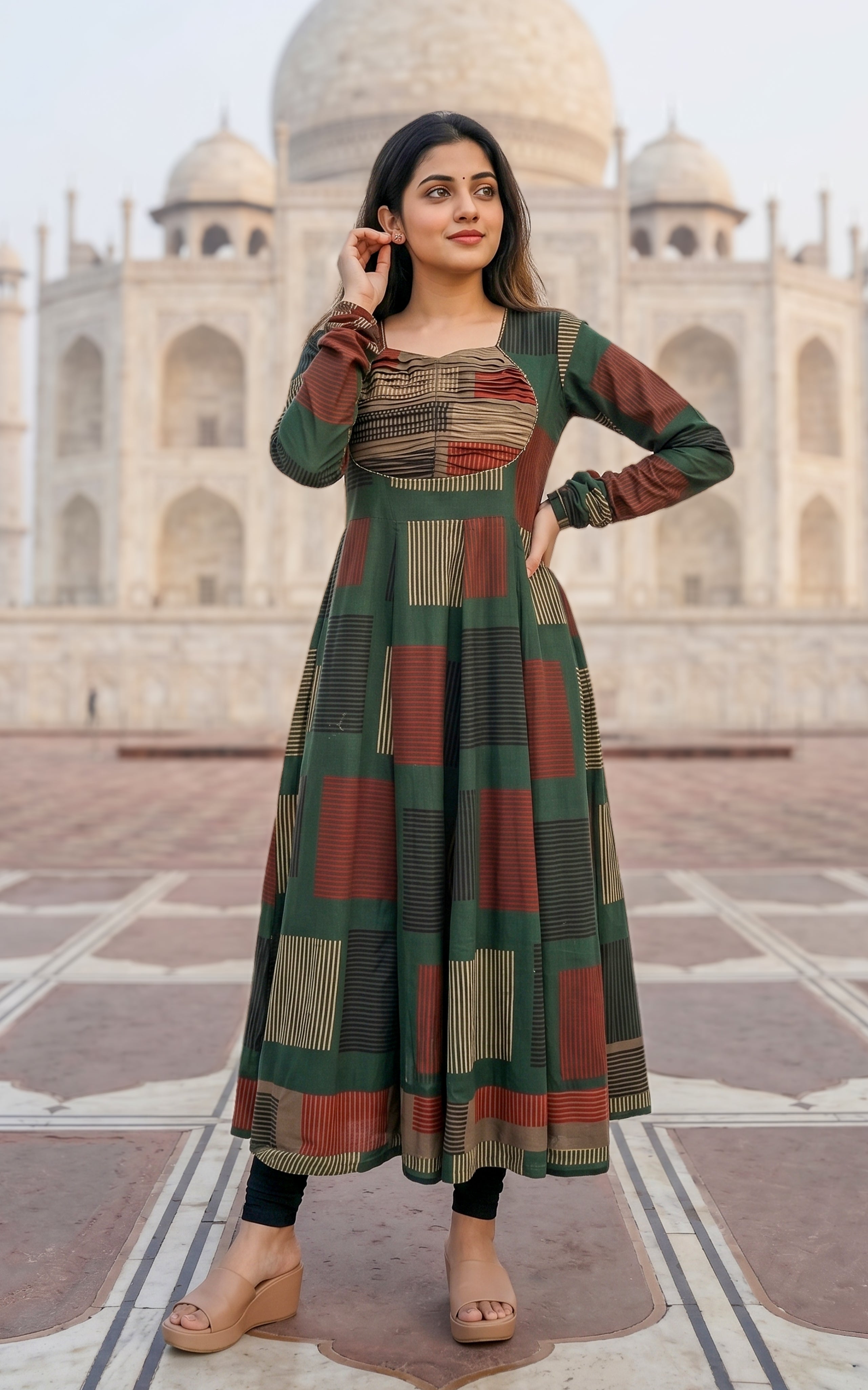 Instore - Green Color Printed Cotton Flared Anarkali Kurti with Line Embroidery & Sweetheart Neck with Gathered Sleeve