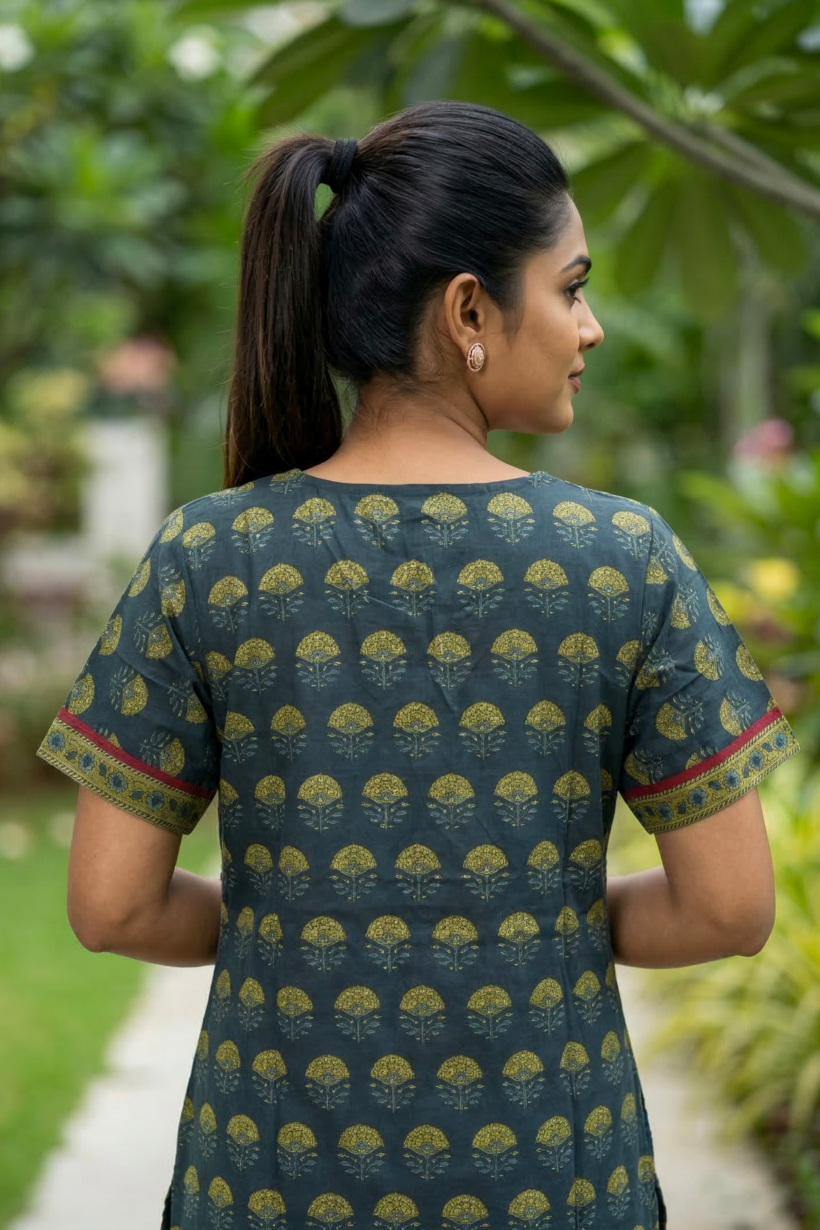 Instore – Dark Green Cotton Long Nighty, Ethnic Motif Print, Round Neck with Printed Yoke Panel, Relaxed Fit, Women's Sleepwear