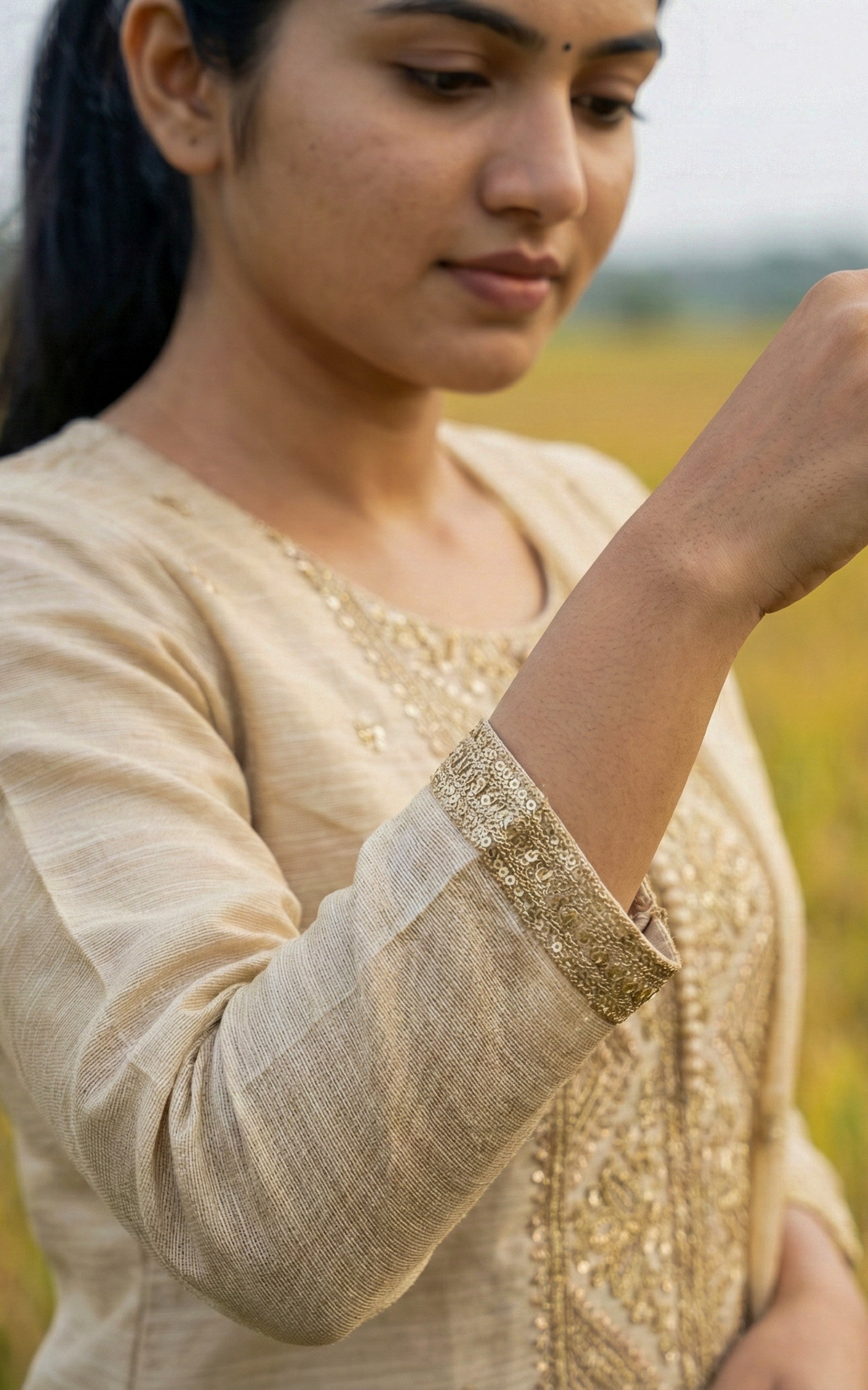Instore - Beige Chanderi Embroidery Straight Cut Kurti & Gold Woven Dupatta with Side Slit and Pant with One Side Pocket