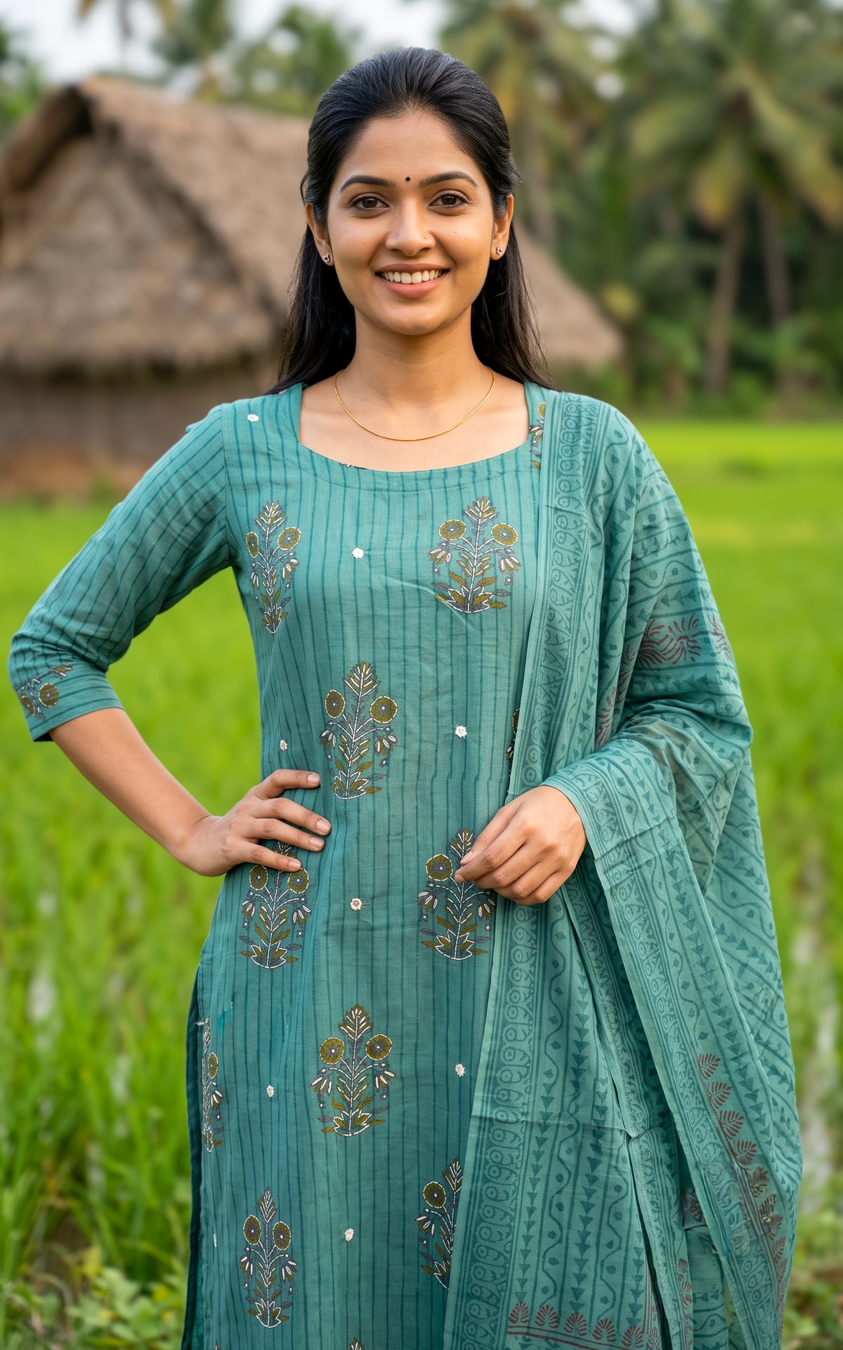 Jarita Sage Green Handblock (Kurti+Pant+Dupatta)