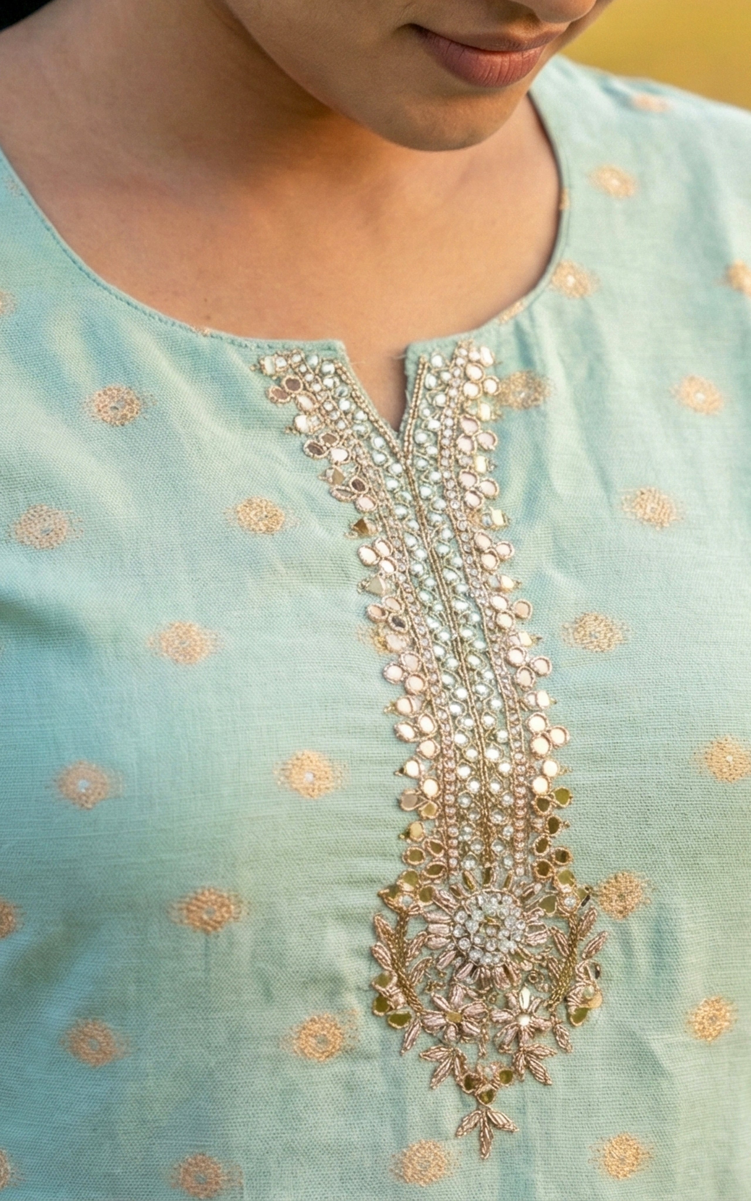 Instore - Pastel Green Chanderi Straight Cut Kurti with Zari Embroidery Neckline, Pant with One Side Pocket & Dupatta