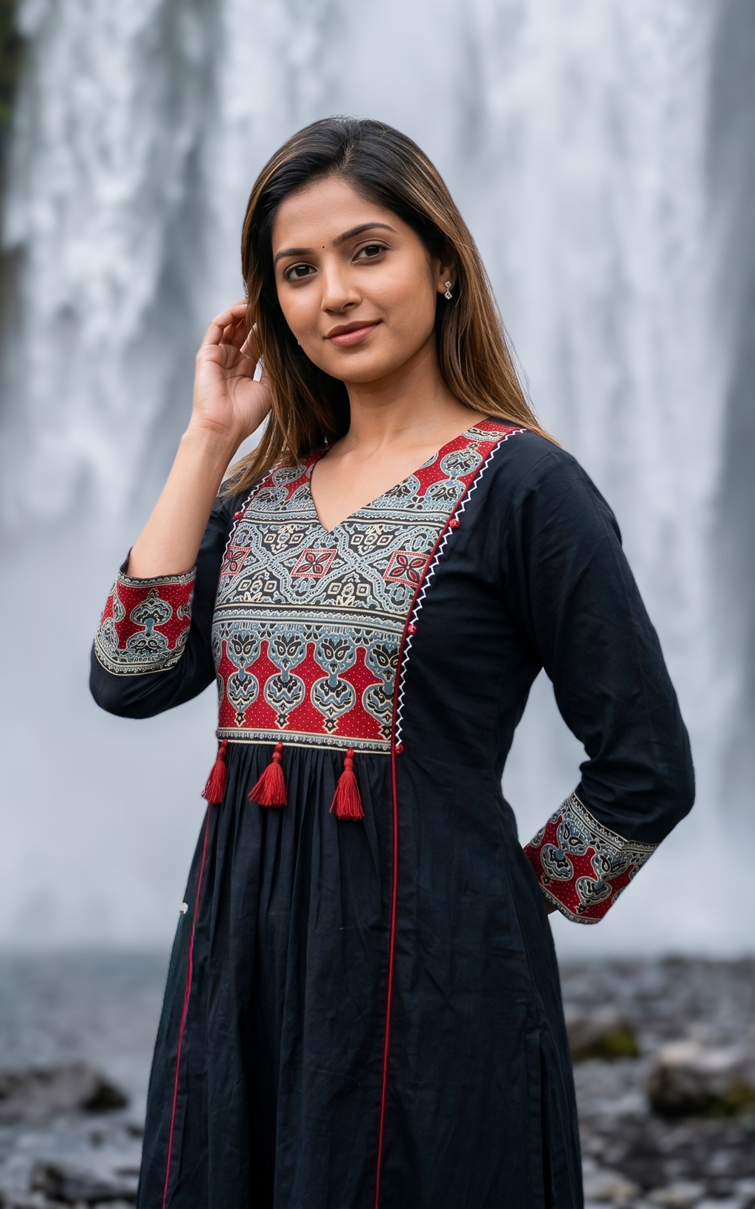 Black cotton straight cut kurti for women