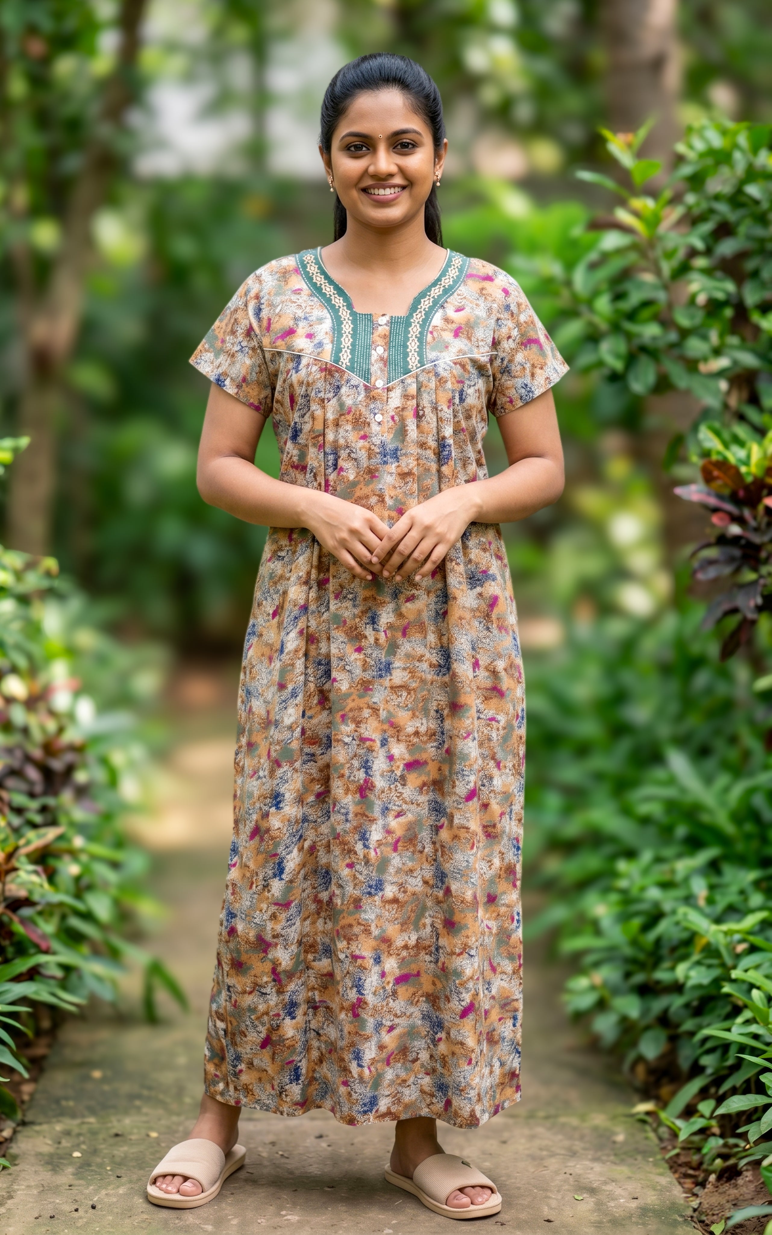 Instore - Multicolor Abstract Floral Print Cotton Long Nighty with Embroidery Yoke, Side Pocket, Relaxed Fit, Women's Sleepwear
