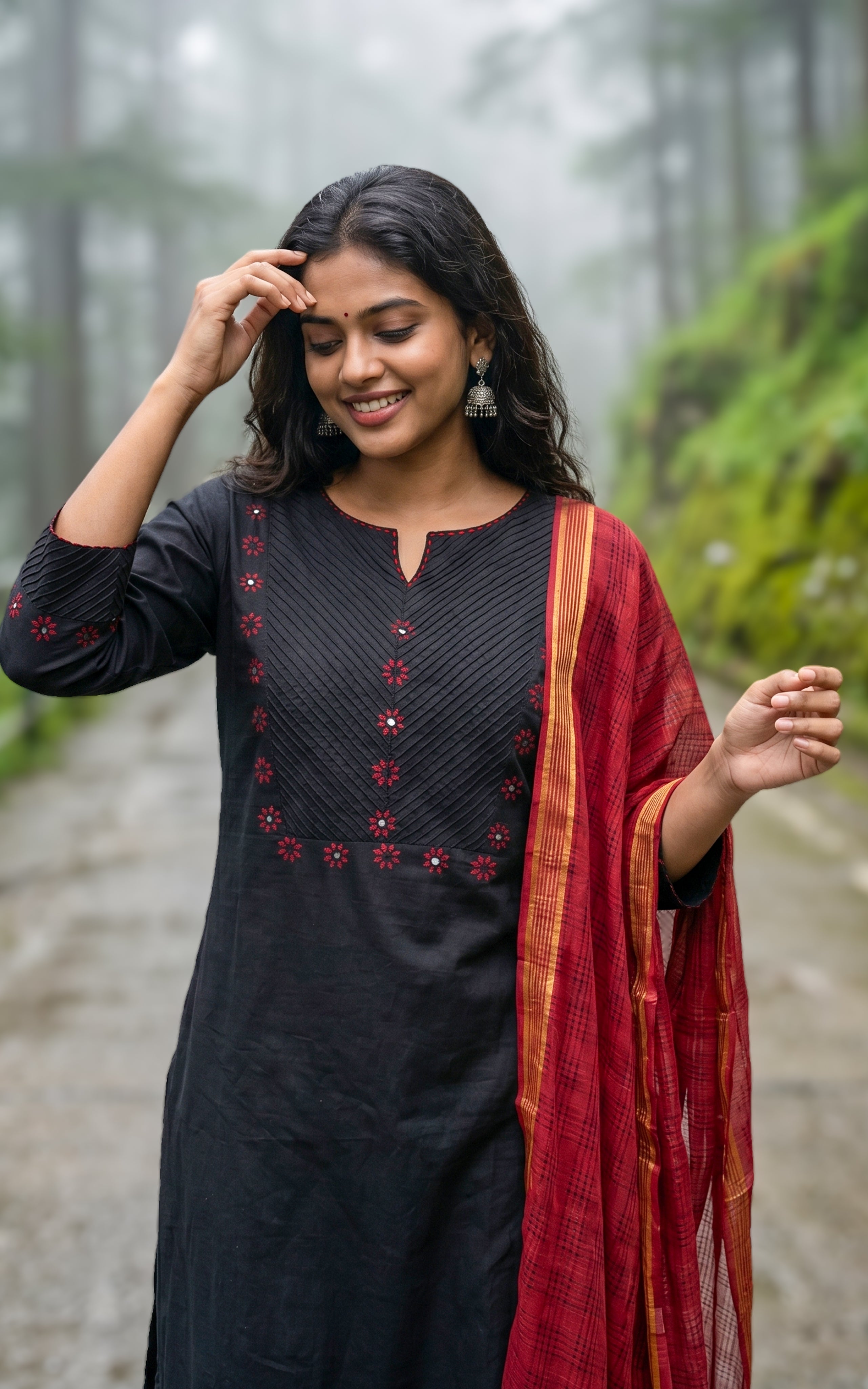 Instore – Black Cotton Straight Cut Kurti with Dupatta for Women – Side Slit – Ethnic Wear