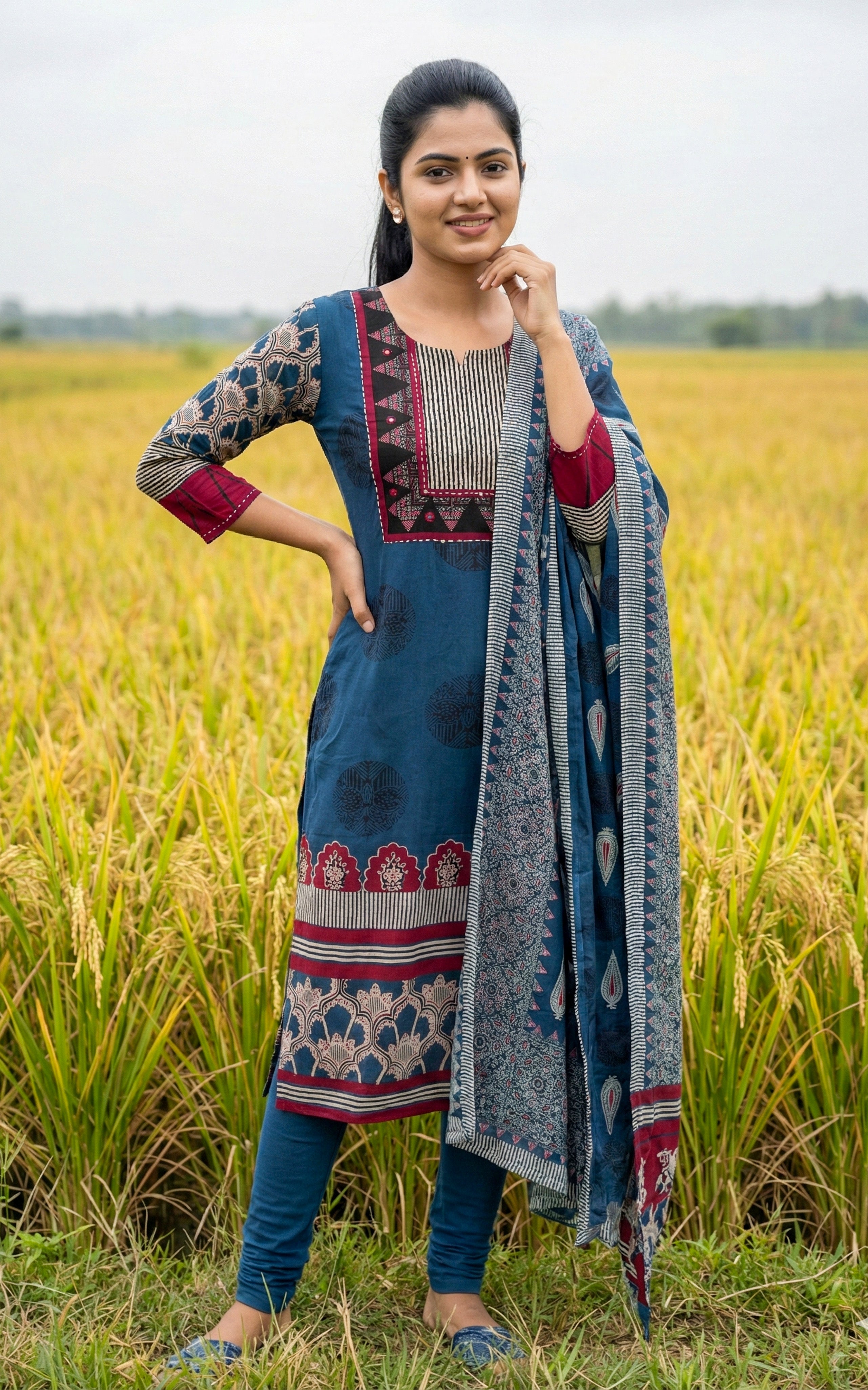 Instore - Blue Printed Cotton Straight Cut Kurti with Side Slit, Paired with Printed Dupatta, No Lining