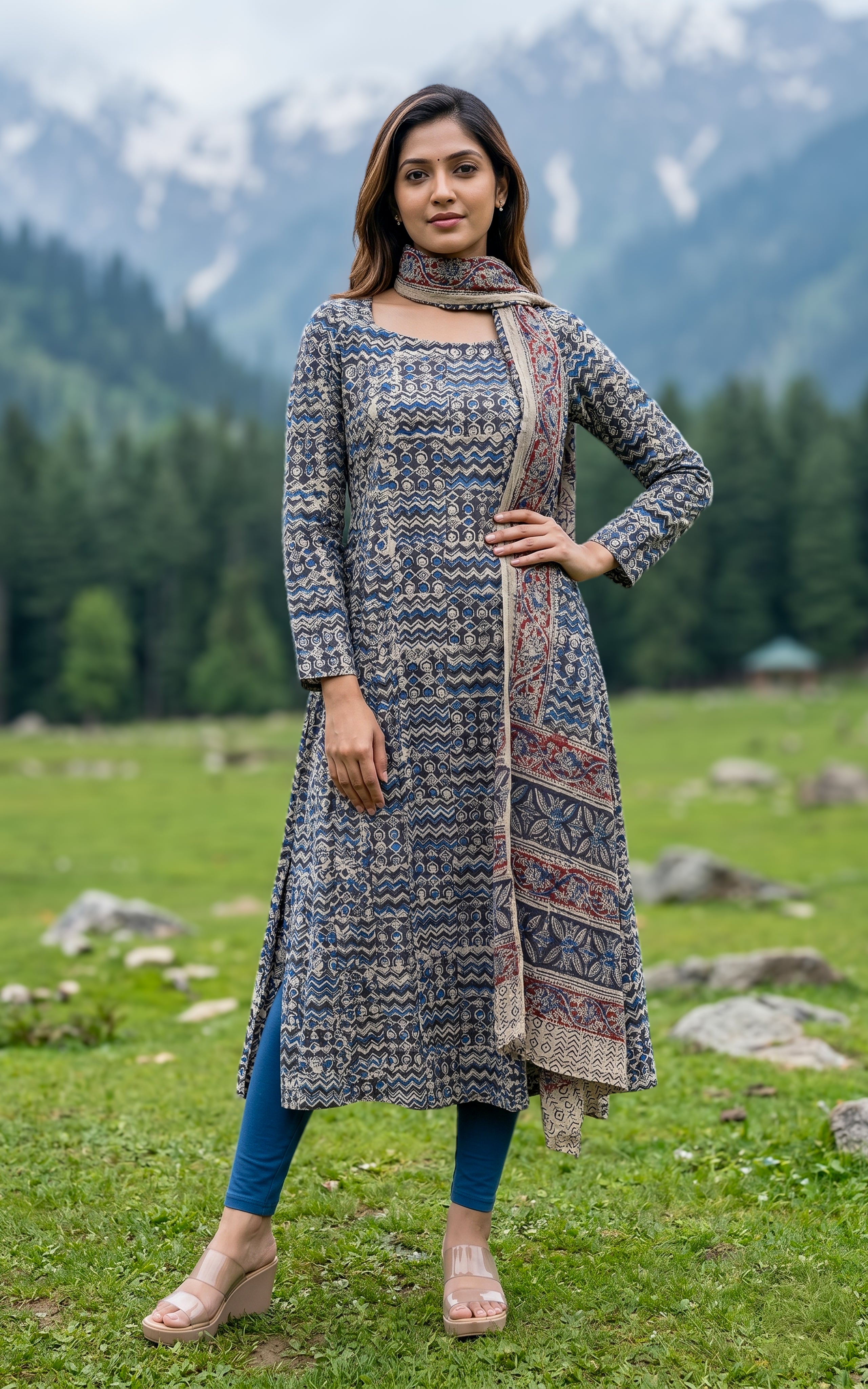 Kalamkari printed Anarkali kurti for women