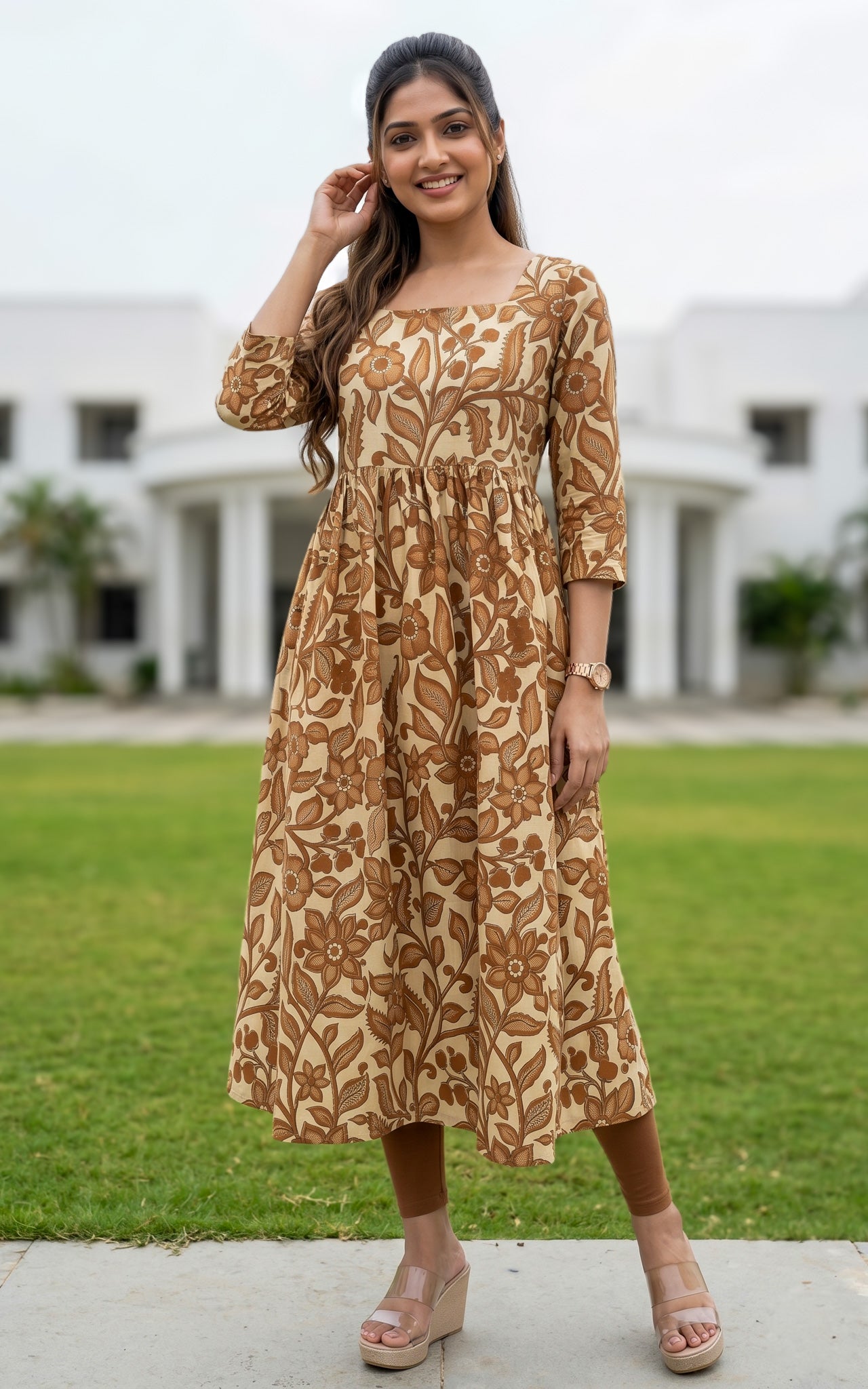Floral print flared kurti for women