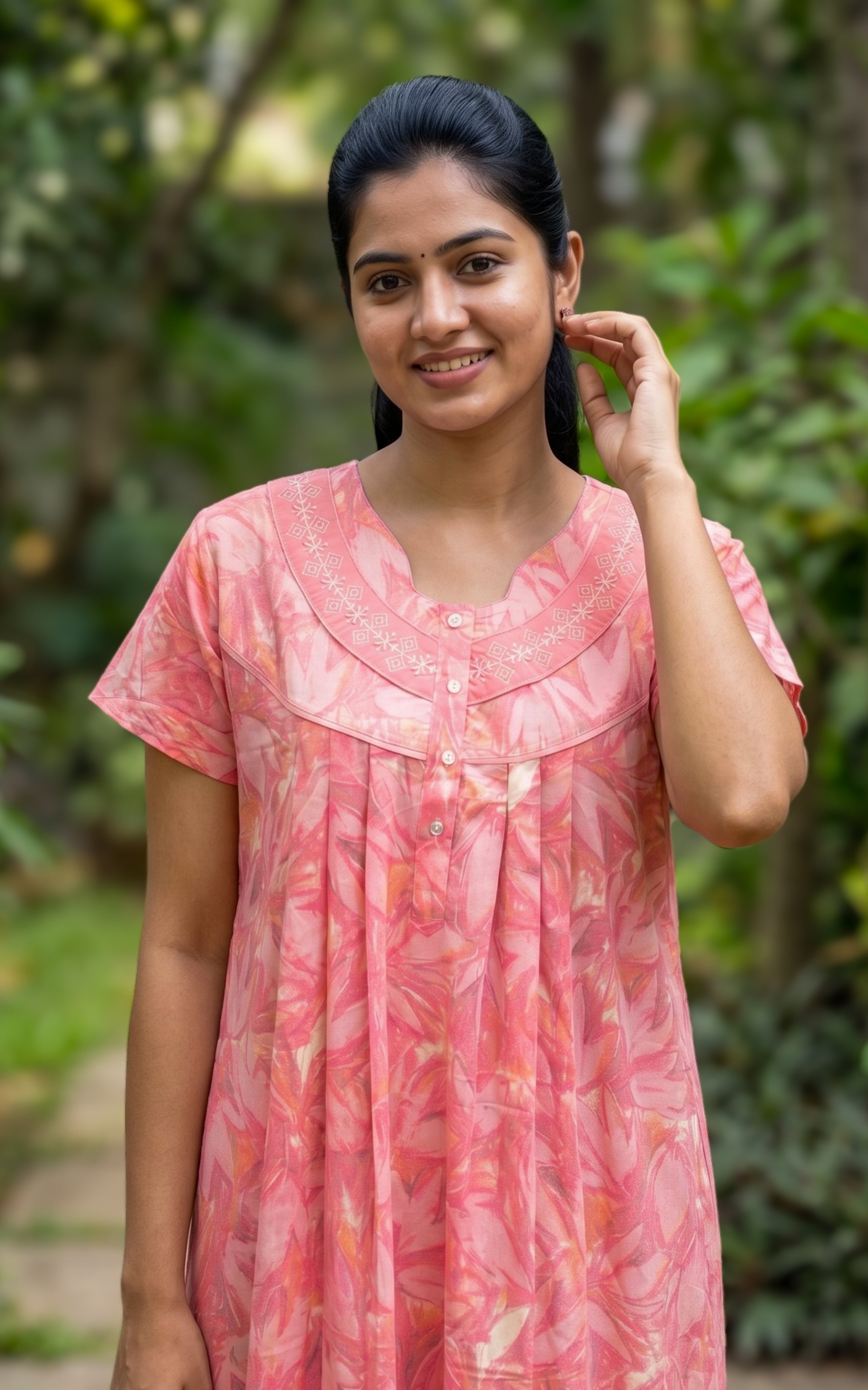 Instore - Peach Floral Print Cotton Long Nighty with Side Pocket, Relaxed Fit, Women's Sleepwear