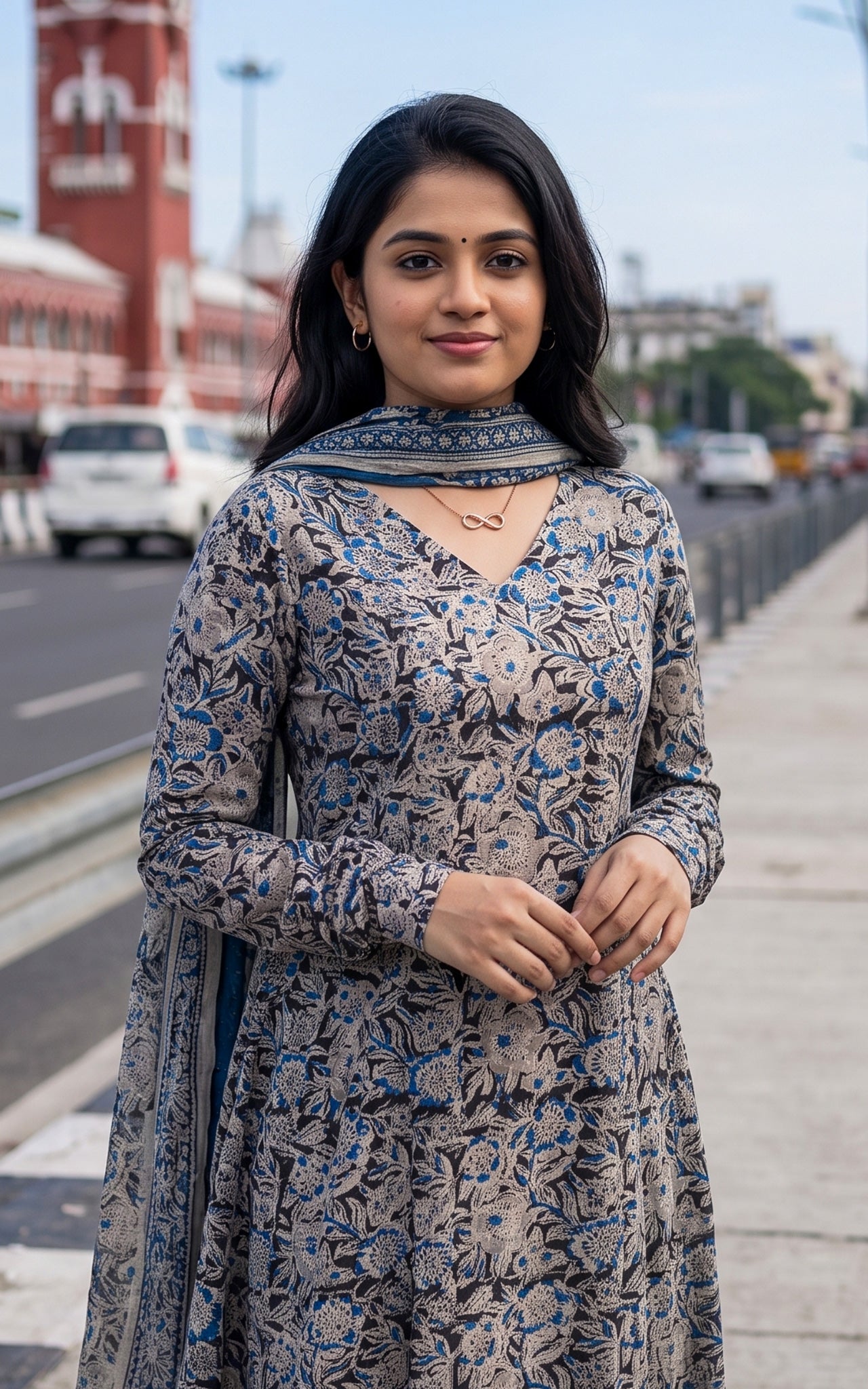 Black Kalamkari Cotton Anarkali Kurti Dupatta for Women