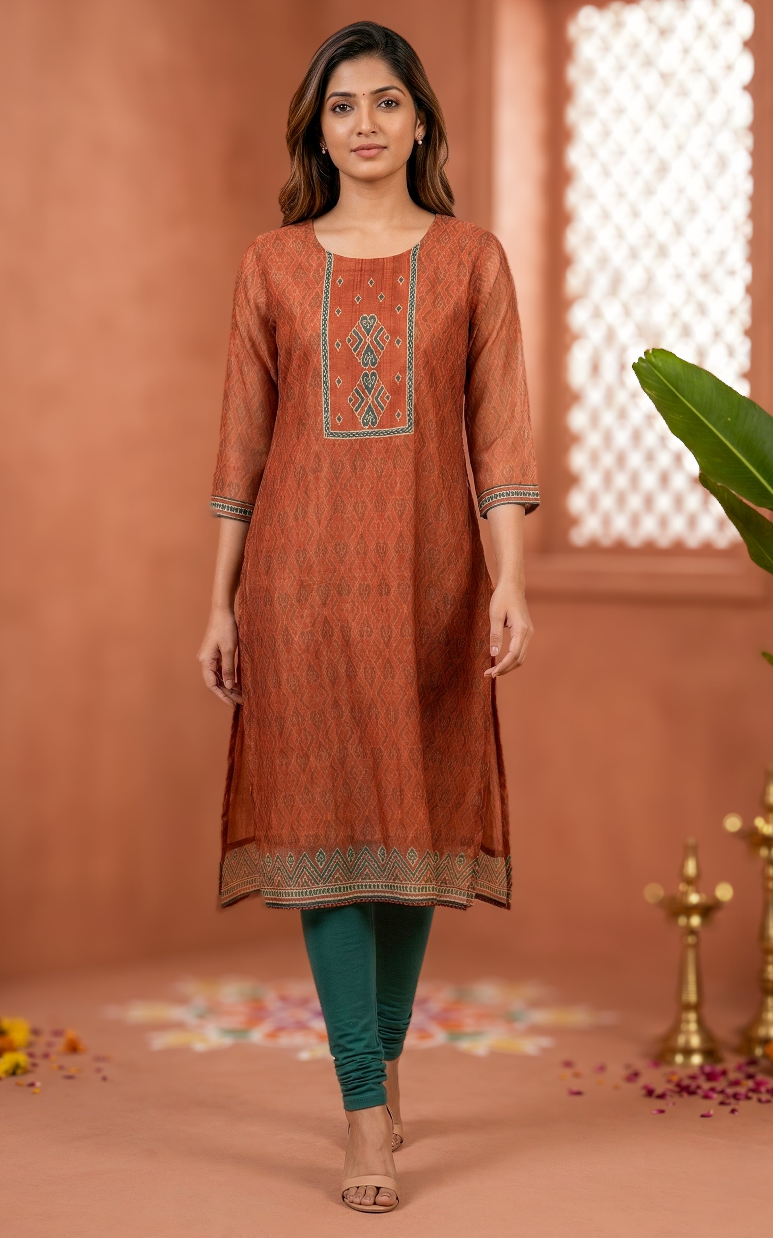 Rust art silk straight cut kurti for women