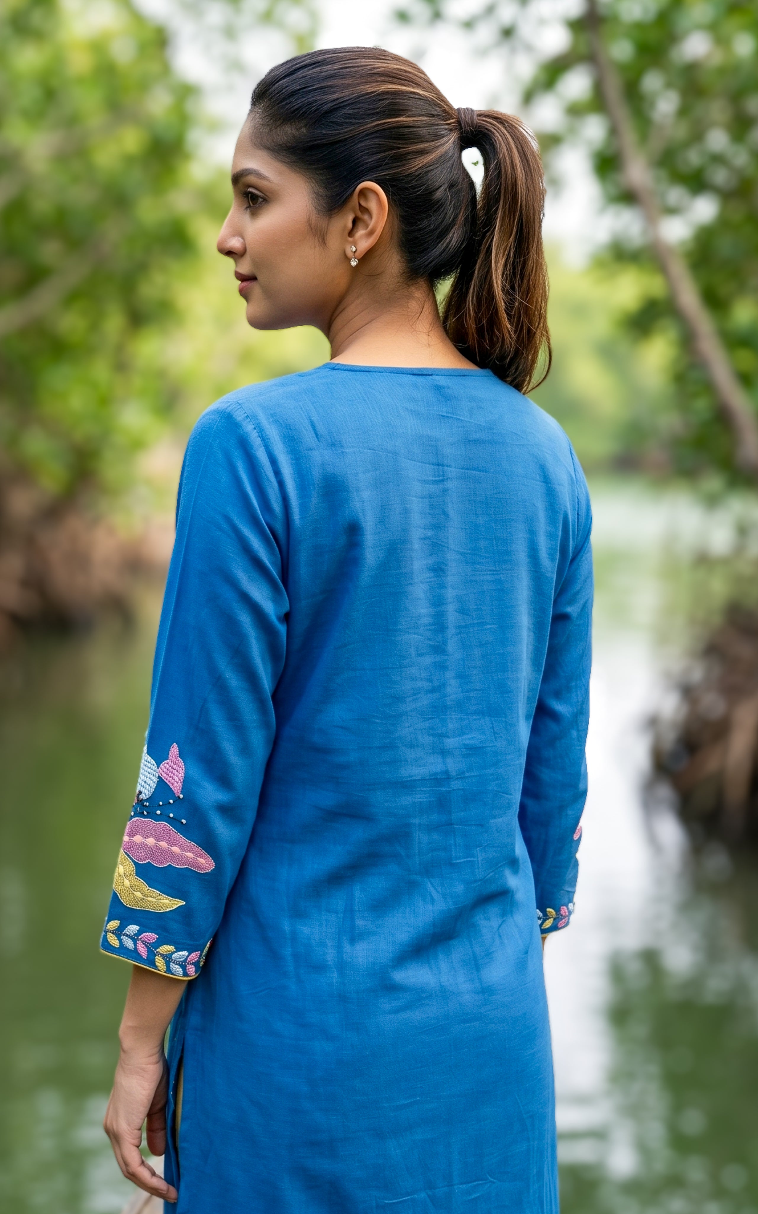 Blue cotton kurti with embroidery design for women