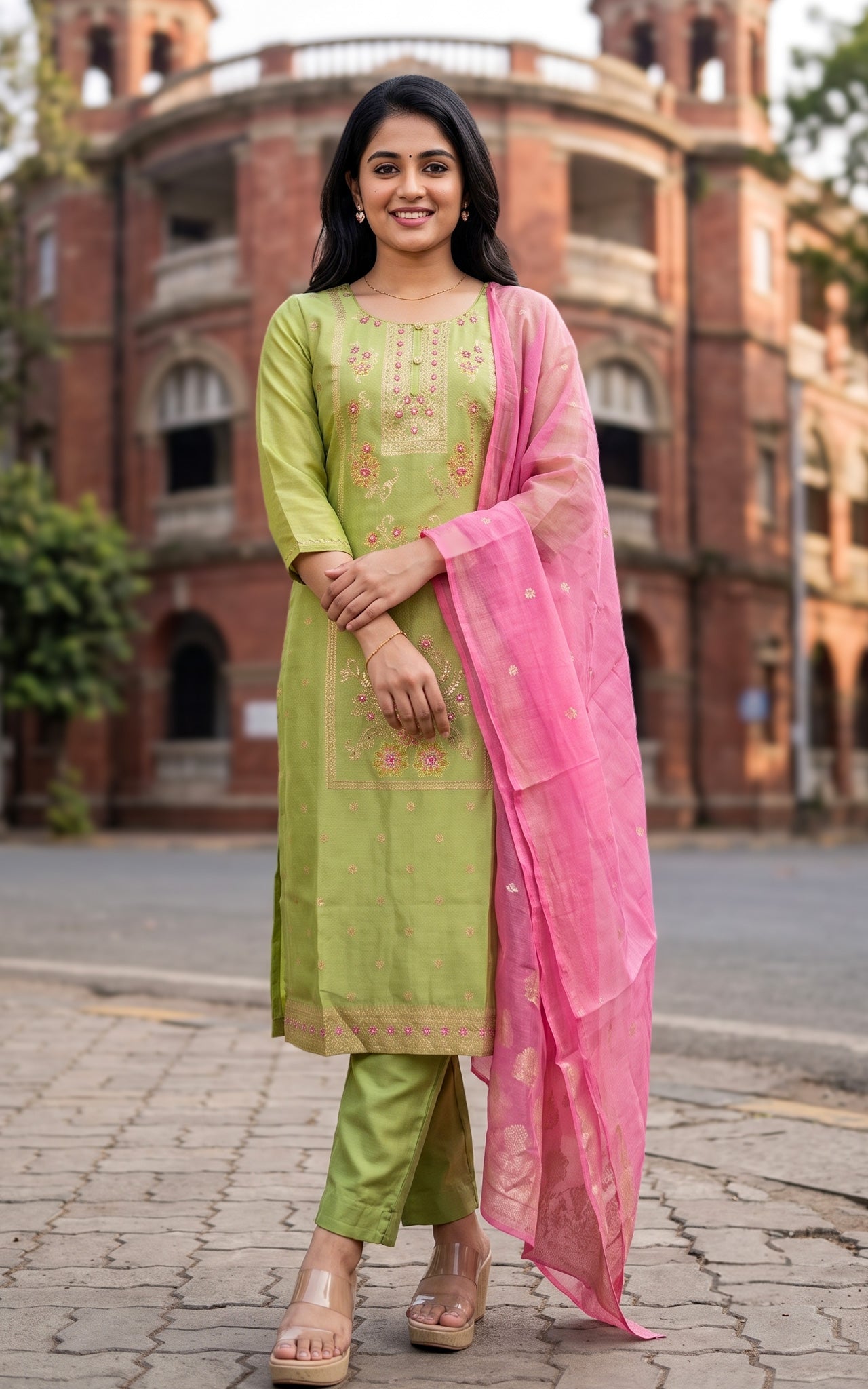 Pista Green Art Silk Kurti Set with Straight Fit Pant for Women