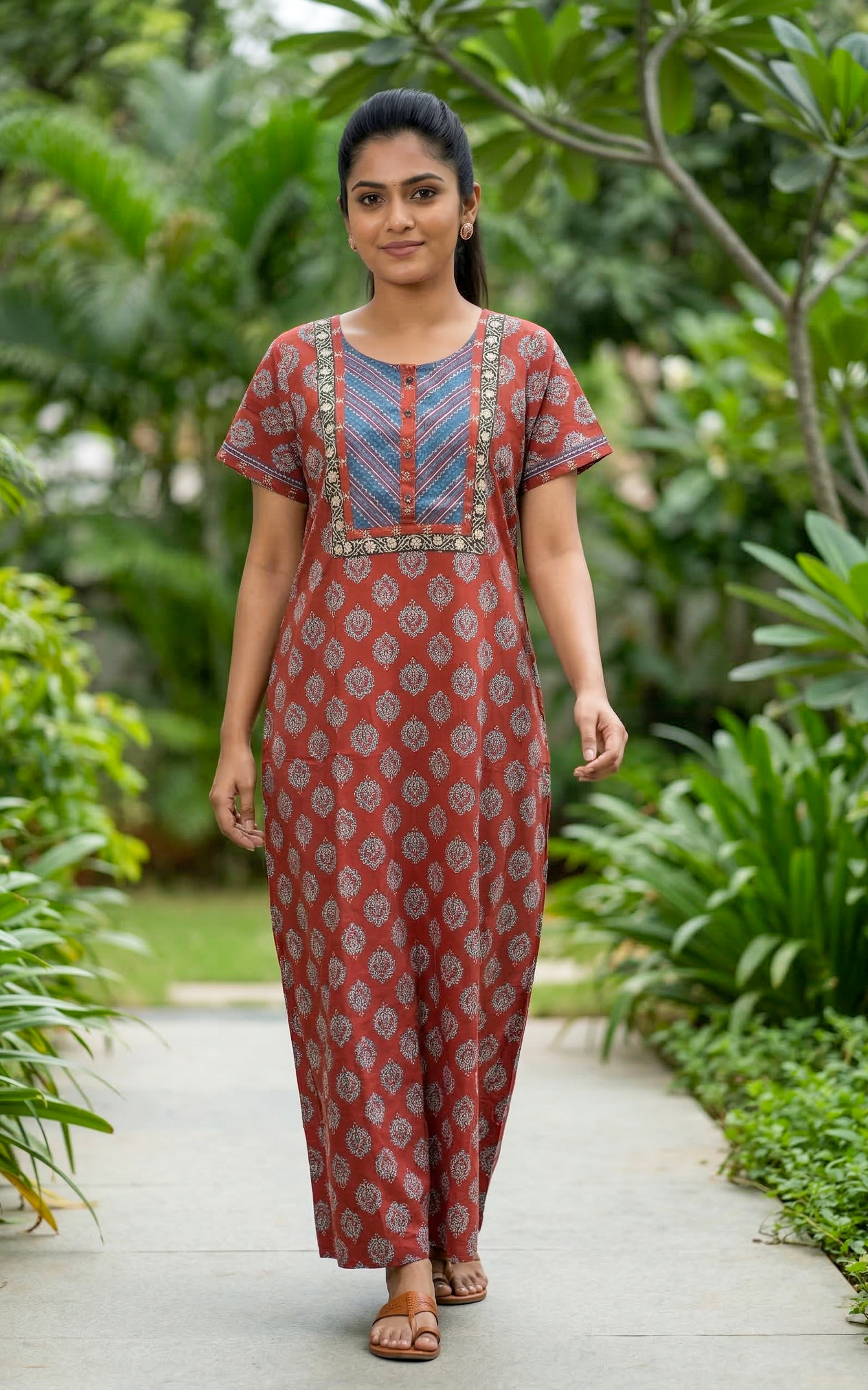 Instore – Rust Red Cotton Long Nighty, Ethnic Butta Print, Round Neck with Contrast Printed Panel, Relaxed Fit, Women's Sleepwear
