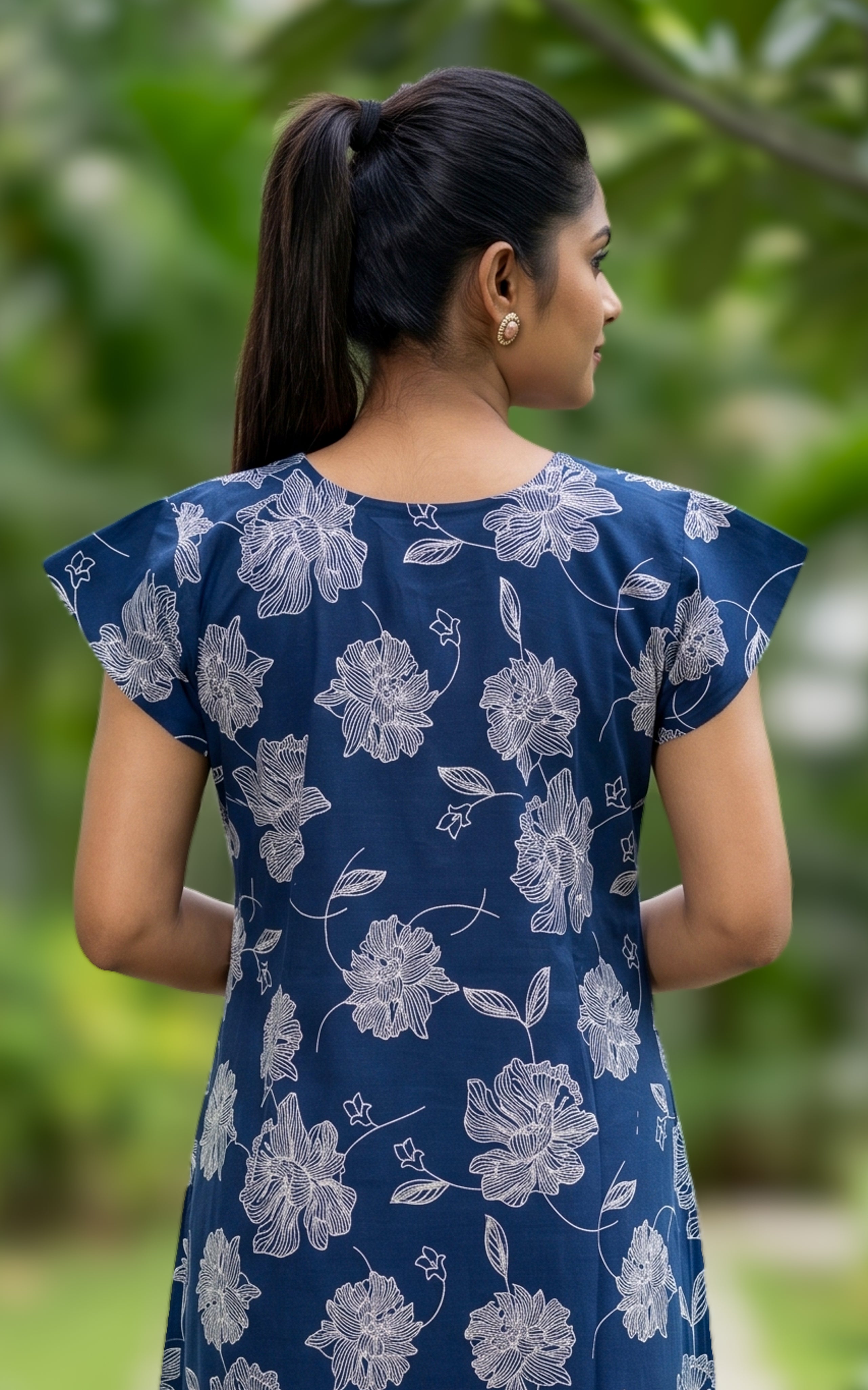 Instore - Navy Blue Floral Print Cotton Long Nighty with Button Placket, Side Pocket, Relaxed Fit, Women's Sleepwear