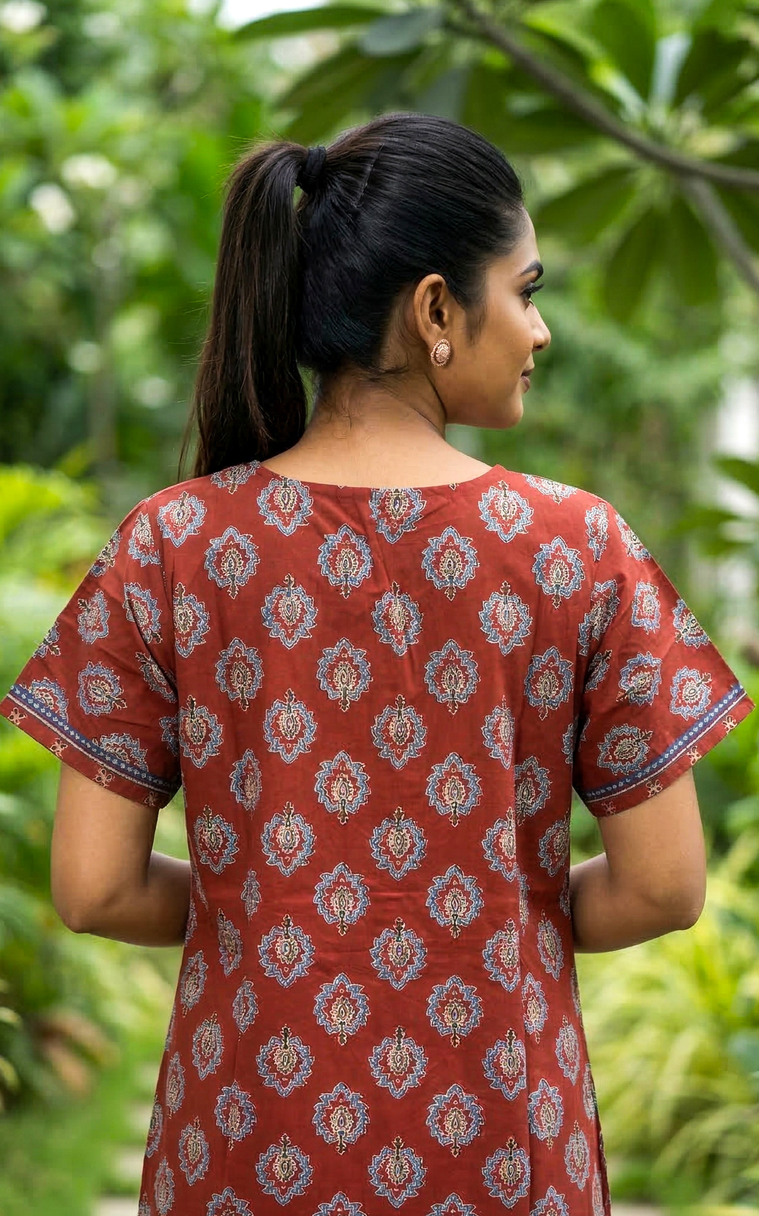 Instore – Rust Red Cotton Long Nighty, Ethnic Butta Print, Round Neck with Contrast Printed Panel, Relaxed Fit, Women's Sleepwear