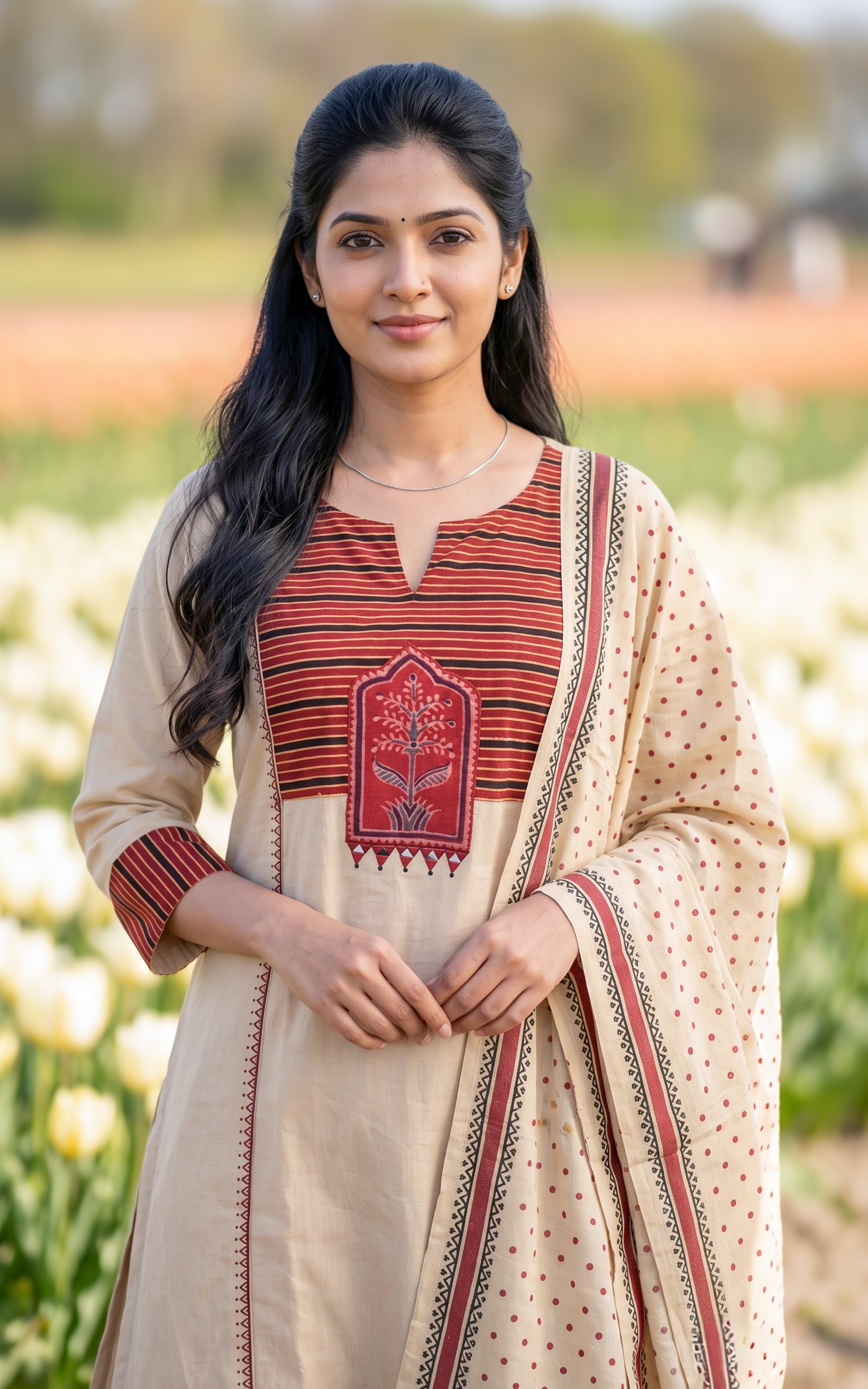 Beige Cotton Casual Wear Kurti Set for Women