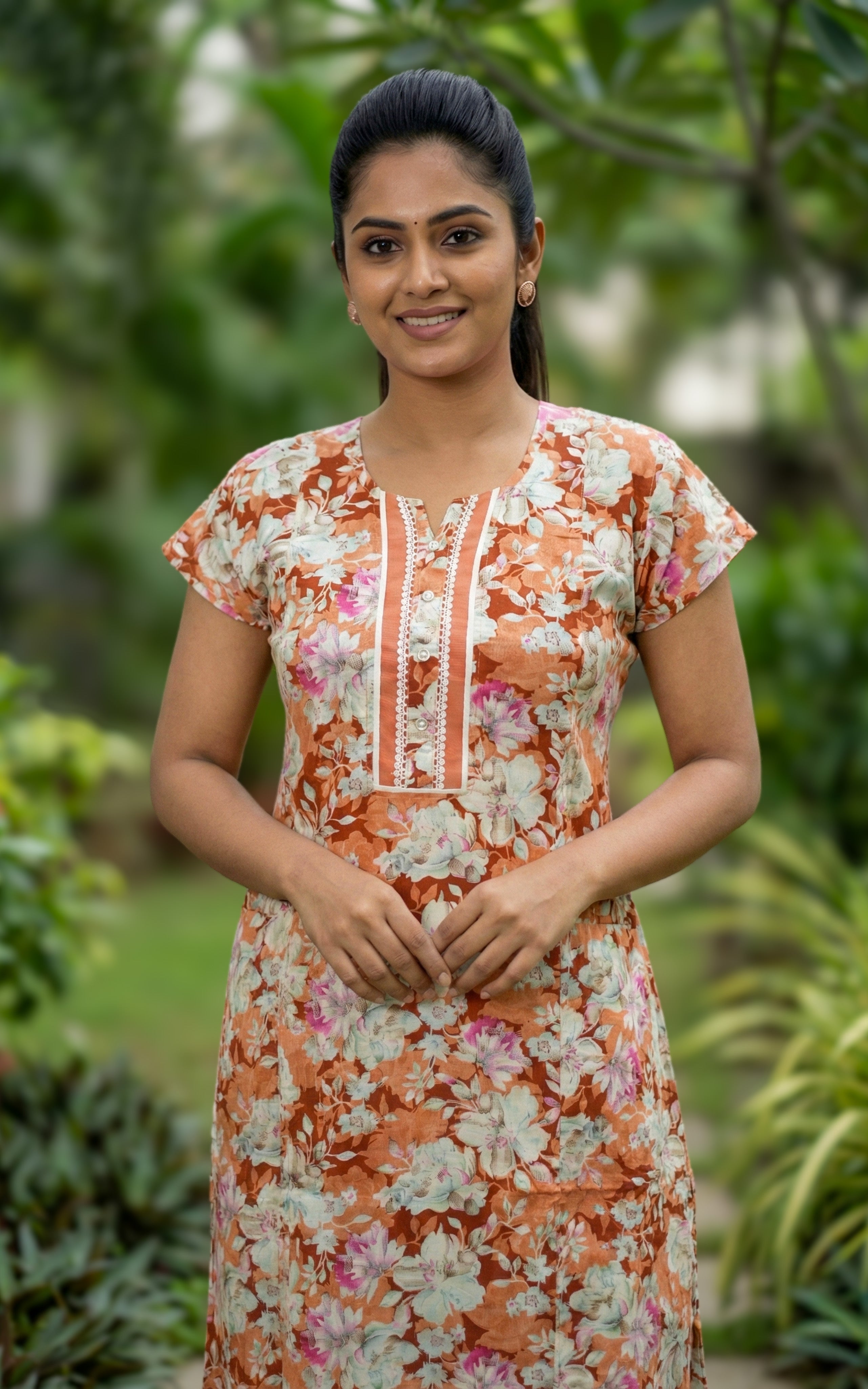 Instore – Brick Brown Cotton Long Nighty, All-Over Floral Print, Round Neck with Front Button Placket & White Lace Detailing, Relaxed Fit, Women's Sleepwear