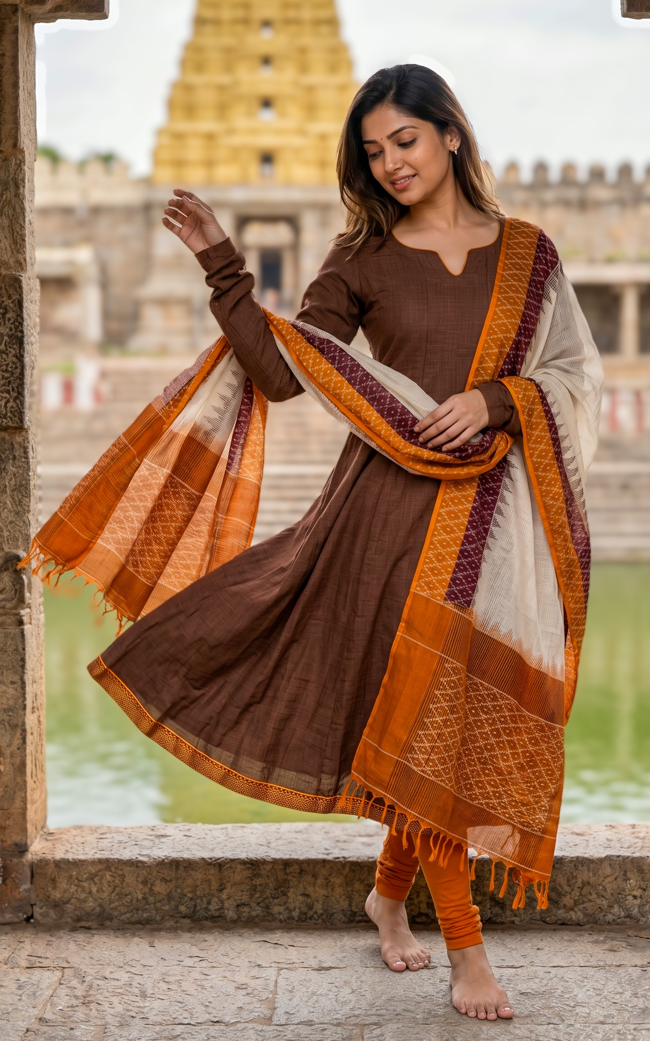 Dupatta with mangalagiri zari border
Stylish flared anarkali kurti