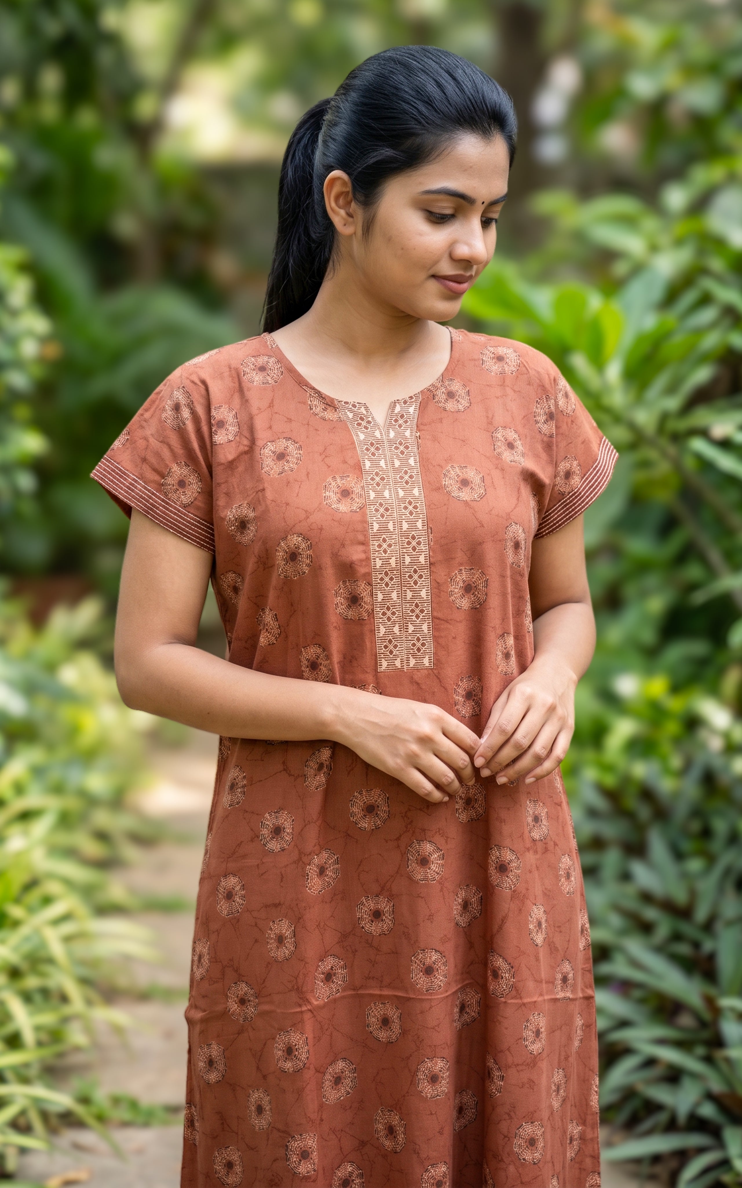 Instore - Rust Floral Print Cotton Long Nighty with Side Pocket, Relaxed Fit, Women's Sleepwear