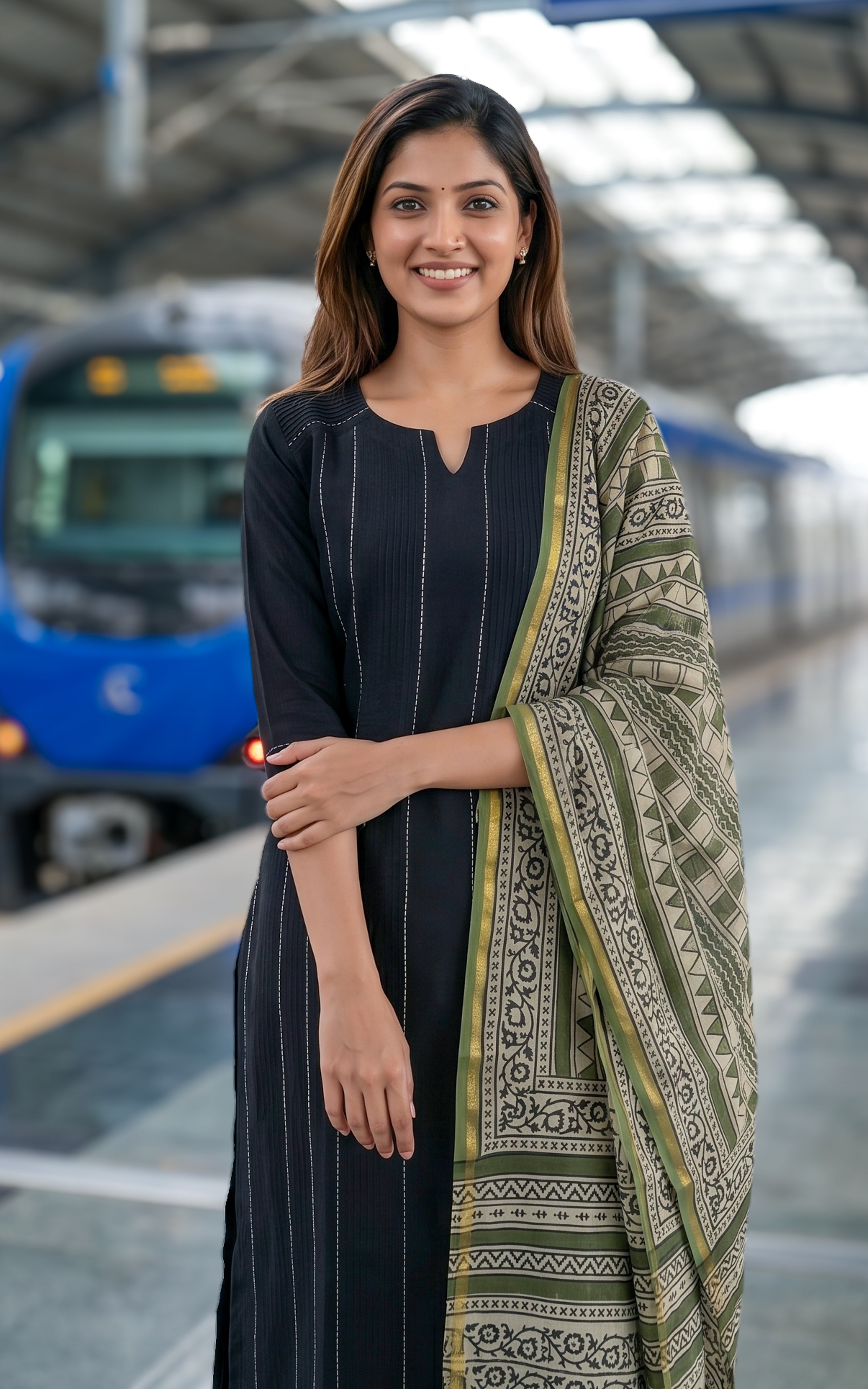 Instore - Black Color Cotton Flex Straight Cut Kurti with Side Slit, Paired with Cotton Dupatta, No Lining