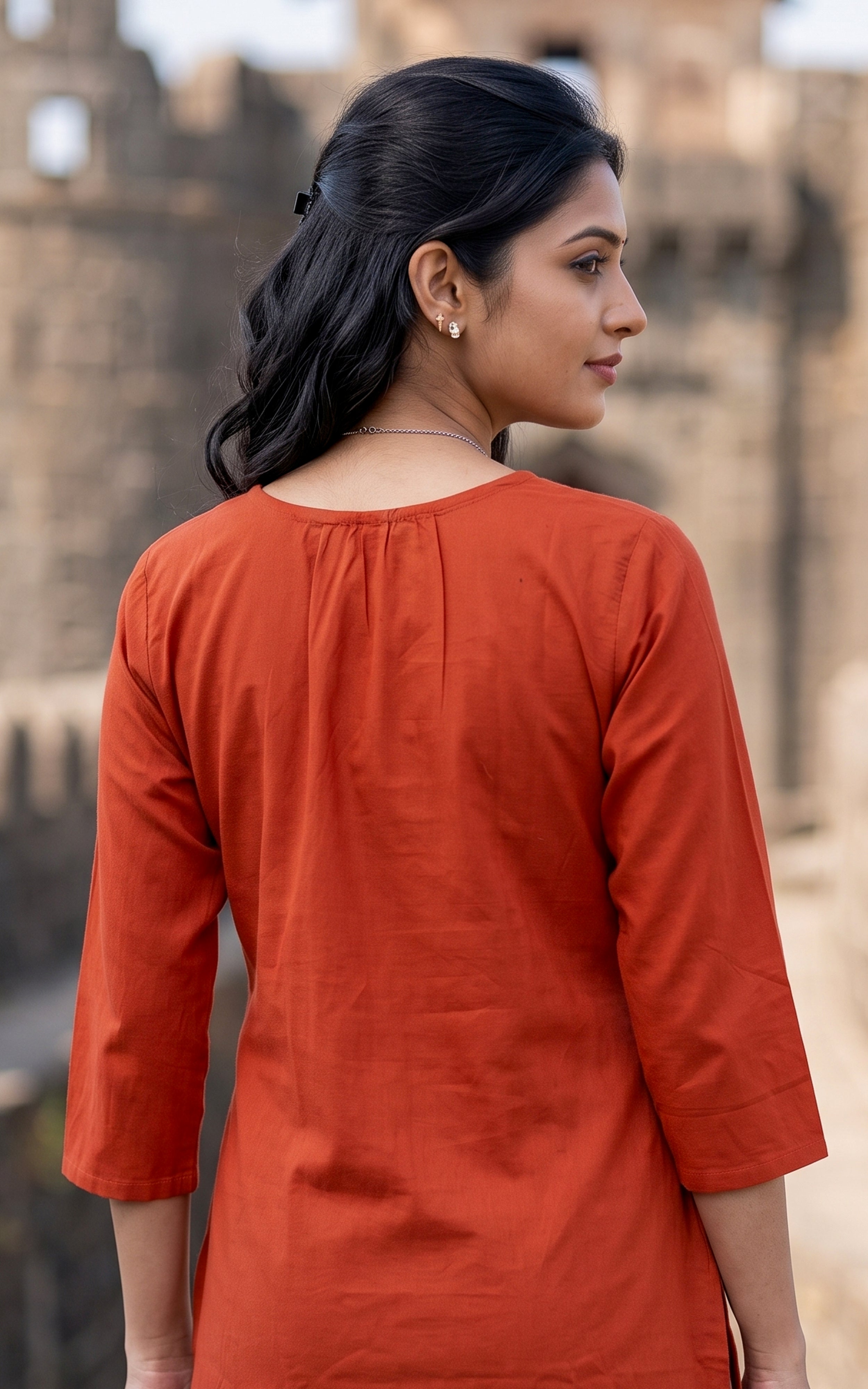 Brick Red Cotton Kurti Set with Straight-Fit Pant for Women