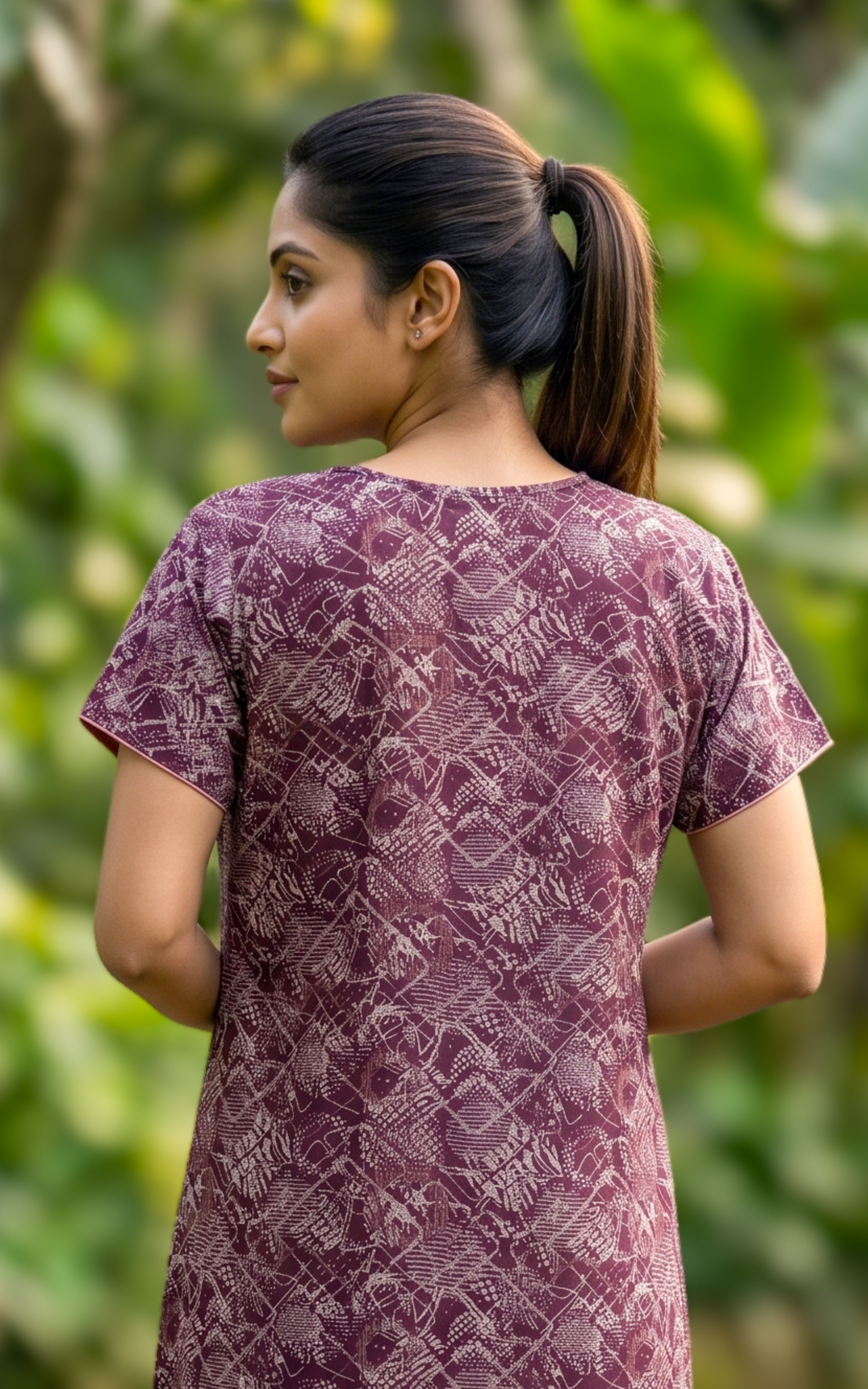 Instore - Plum Floral Print Cotton Long Nighty with Side Pocket, Relaxed Fit, Women's Sleepwear