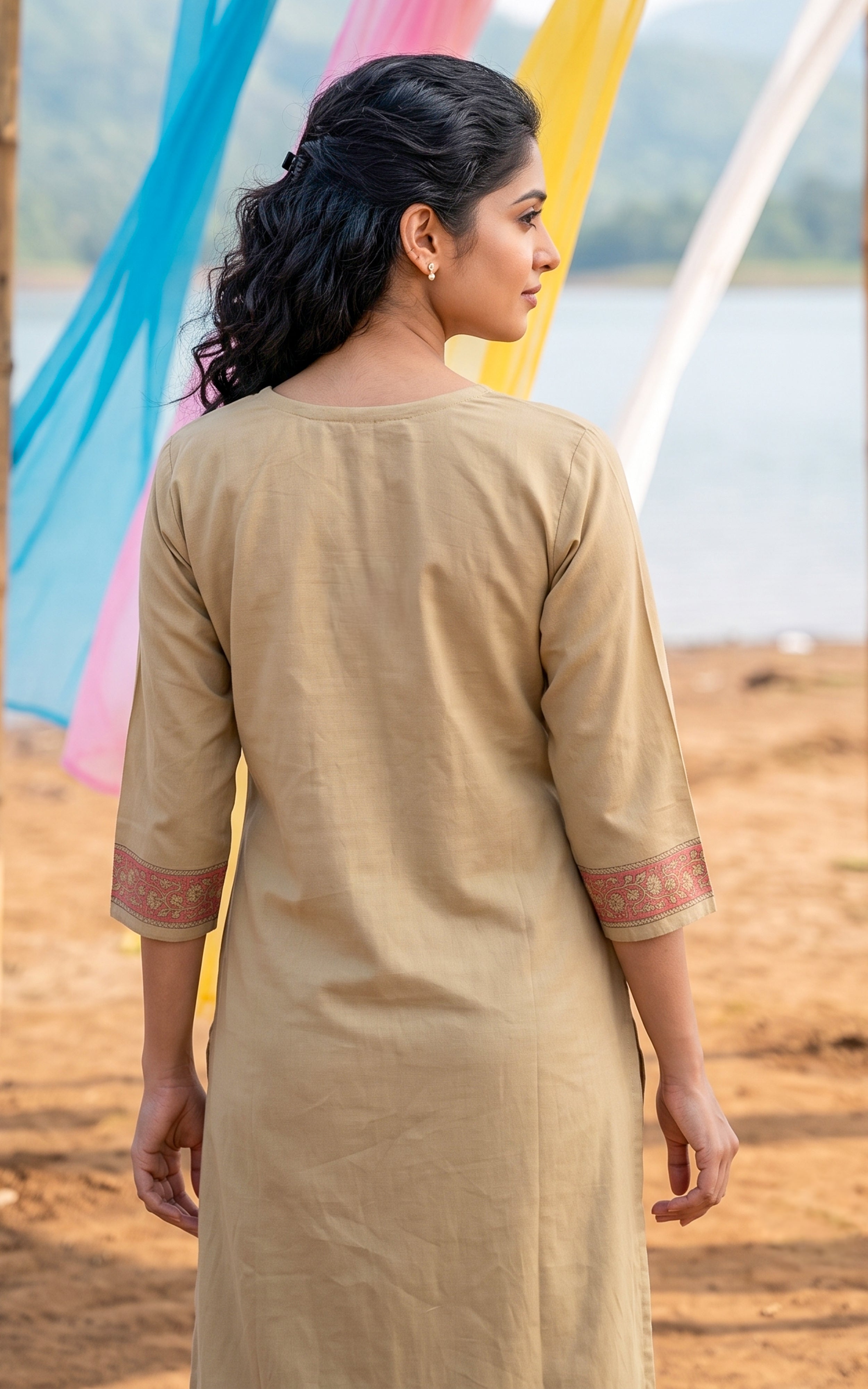 Instore – Beige Tharunya Handblock Kurti Pant Dupatta Set for Women – Cotton – Handblock Printed – Ethnic Wear
