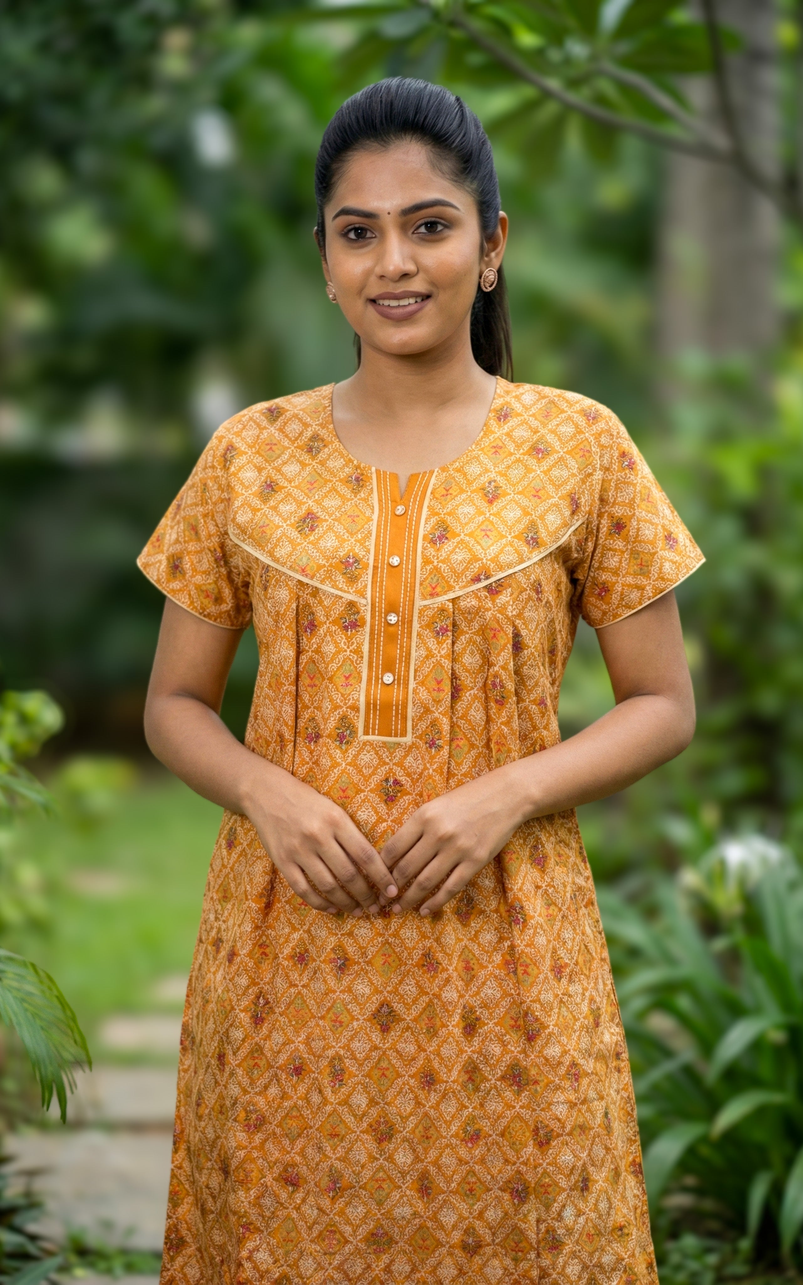 Instore – Mustard Cotton Long Nighty, All-Over Geometric Ethnic Print, Round Neck with Contrast Placket & Button Detailing, Relaxed Fit, Women's Sleepwear