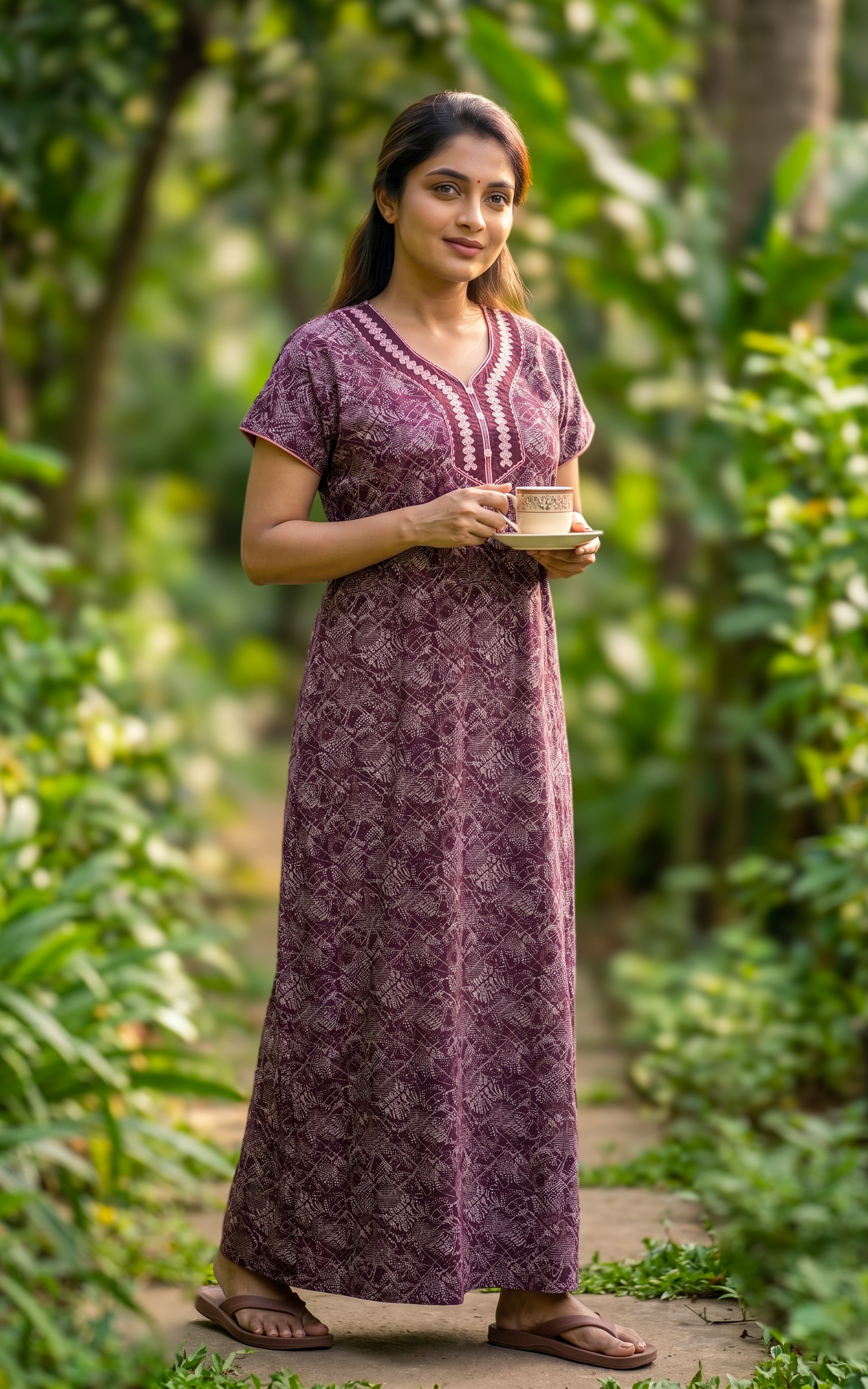 Instore - Plum Floral Print Cotton Long Nighty with Side Pocket, Relaxed Fit, Women's Sleepwear
