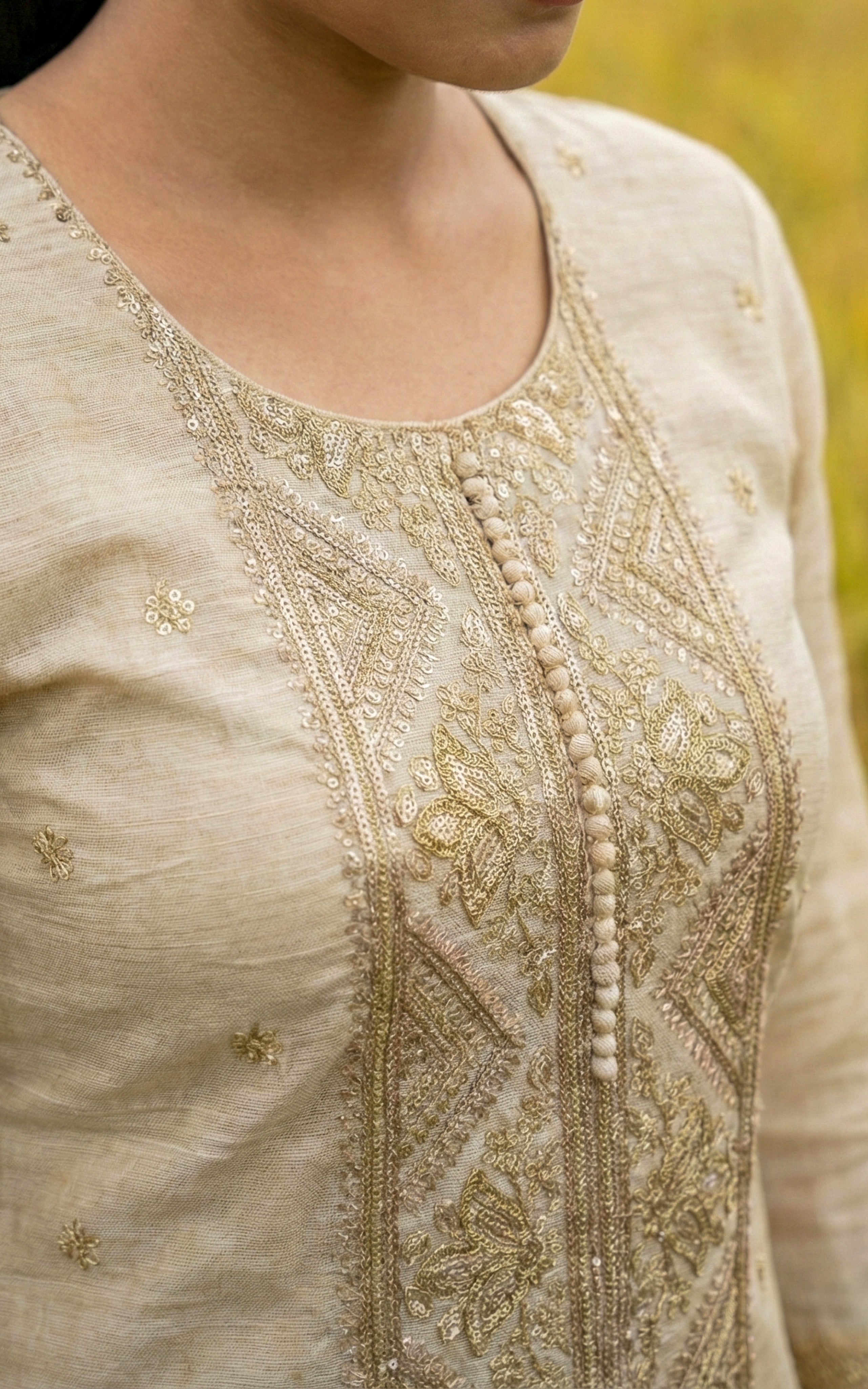 Instore - Beige Chanderi Embroidery Straight Cut Kurti & Gold Woven Dupatta with Side Slit and Pant with One Side Pocket