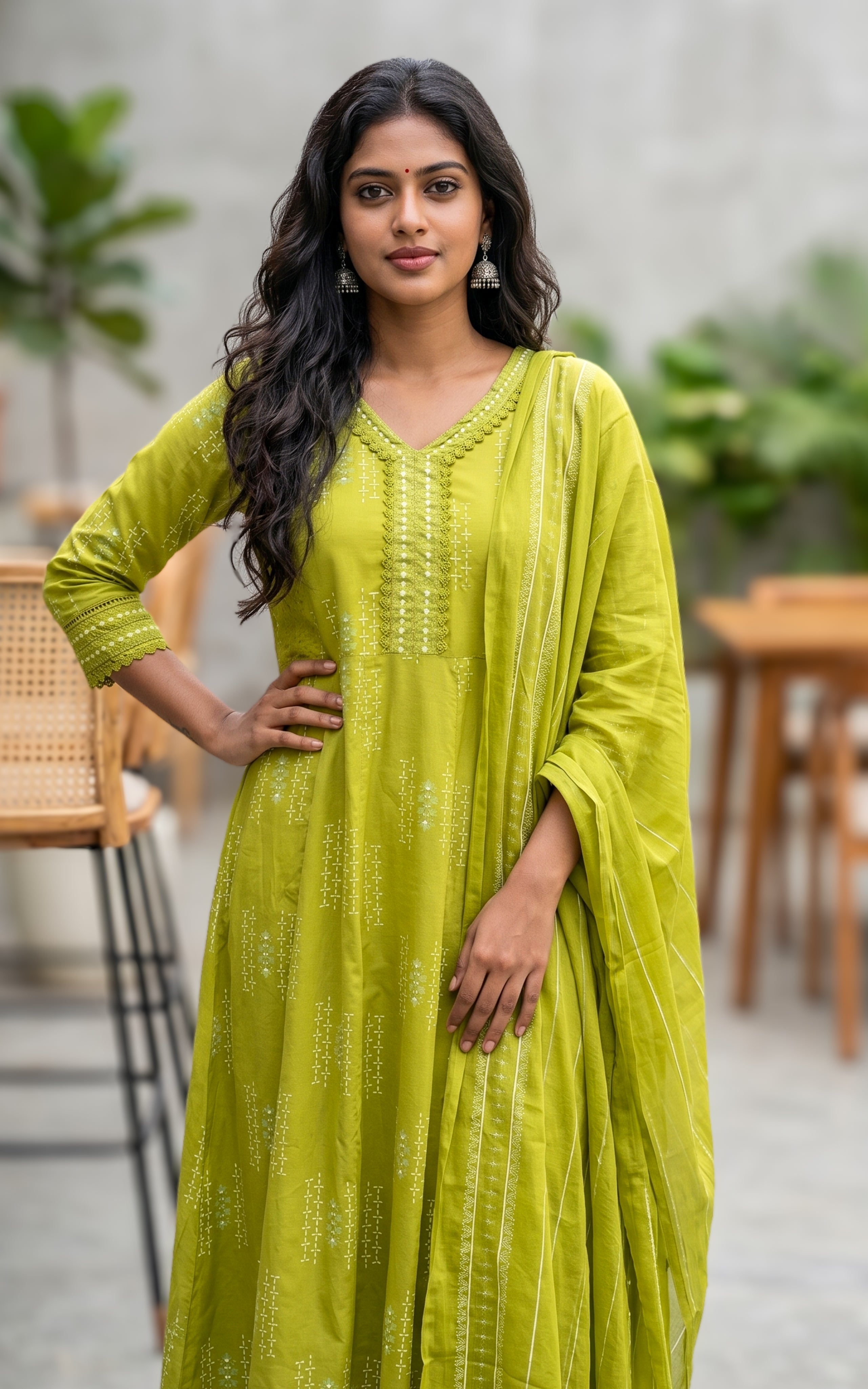cotton handblock anarkali kurti for women
v neck anarkali with lace detailing