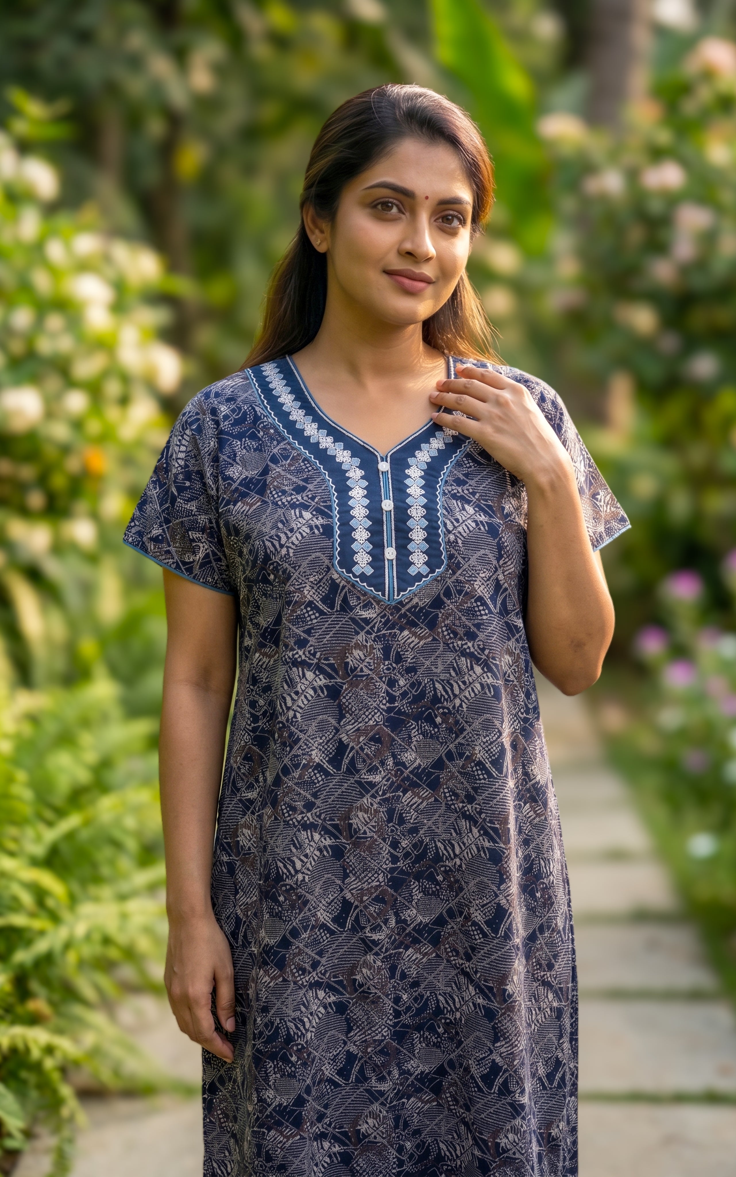 Instore - Navy Blue Floral Print Cotton Long Nighty with Side Pocket, Relaxed Fit, Women's Sleepwear