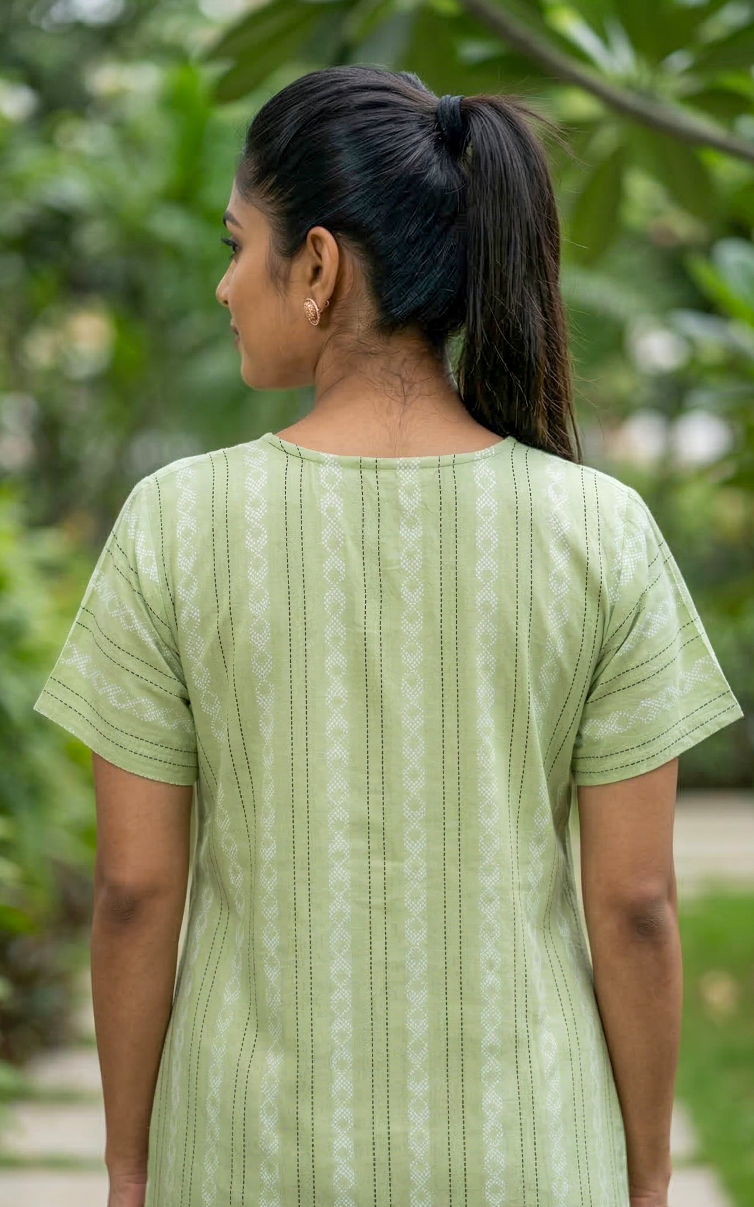 Instore – Pastel Green Vertical Stripe Print Cotton Long Nighty, Round Neck, Relaxed Fit, Women's Sleepwear