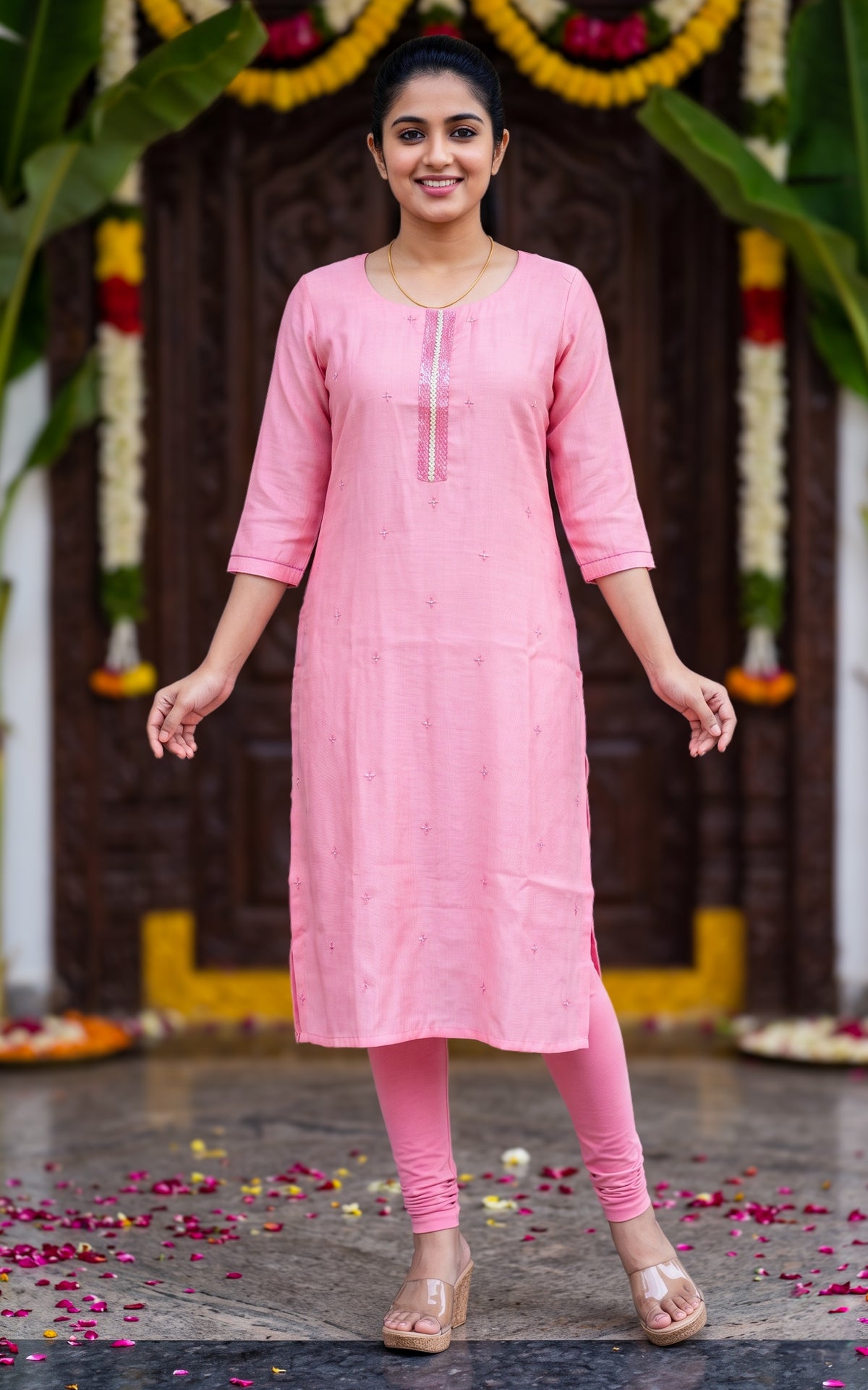 Baby Pink Art Silk Blend Straight Cut Kurti for Women