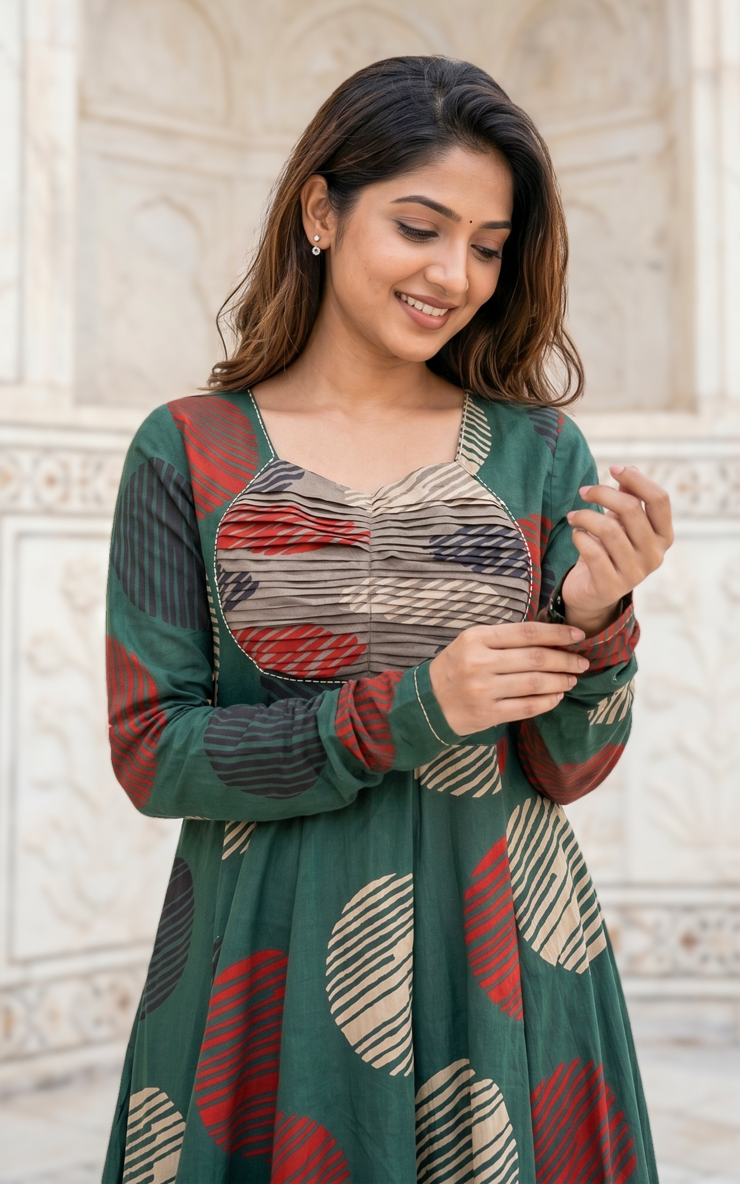 Instore - Green Color Printed Cotton Flared Anarkali Kurti with Line Embroidery & Sweetheart Neck with Gathered Sleeve
