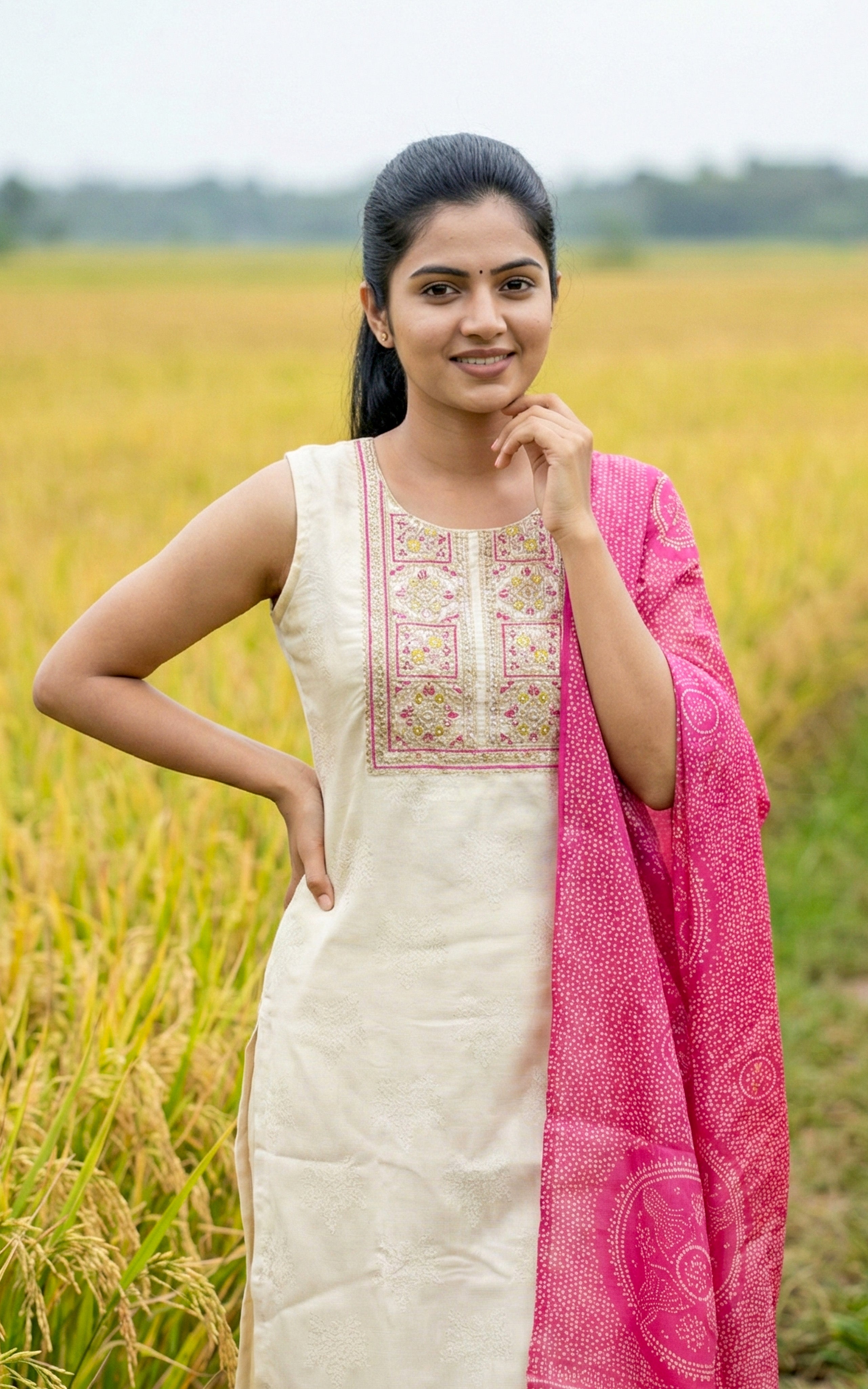 Instore - Off White Art Silk Straight Cut Kurti with Side Slit, Embroidery & Colorful Thread Work with Pant & Dupatta