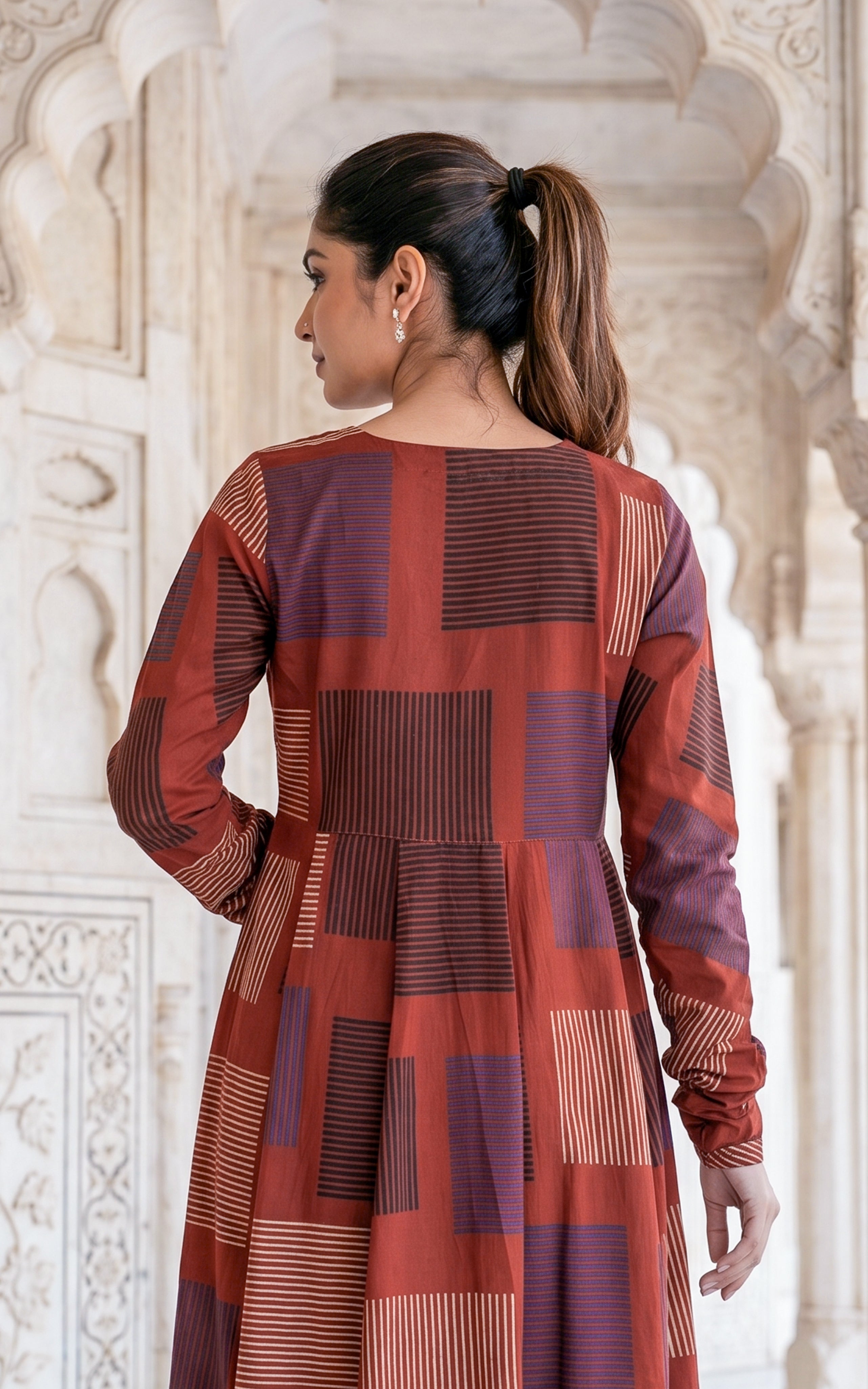 Instore - Maroon Color Printed Cotton Flared Anarkali Kurti with Line Embroidery & Sweetheart Neck with Gathered Sleeve