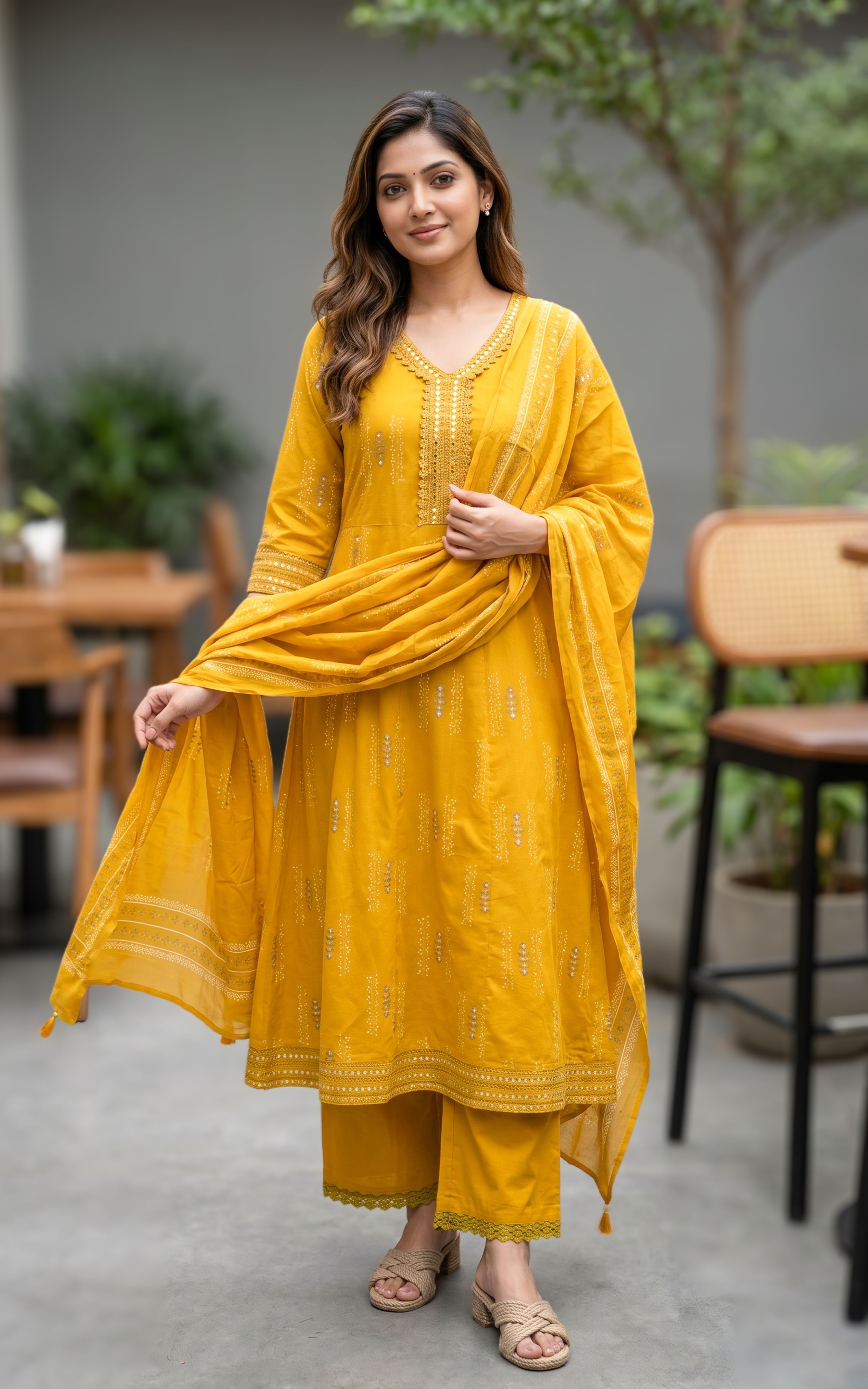 cotton handblock anarkali kurti for women
v neck anarkali with lace detailing