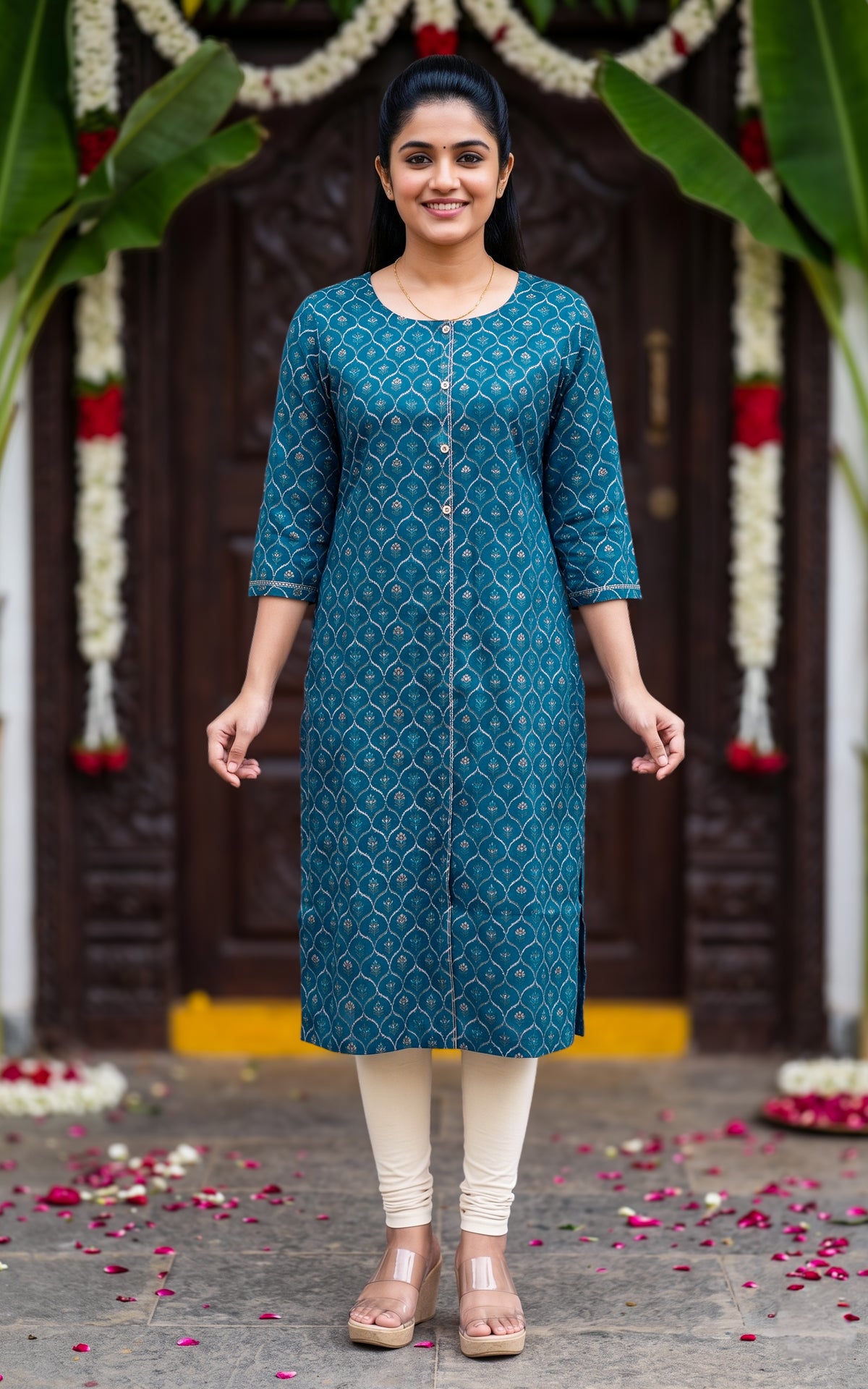 Peacock Blue Silk Cotton Festive Wear Straight Cut Kurti for Women