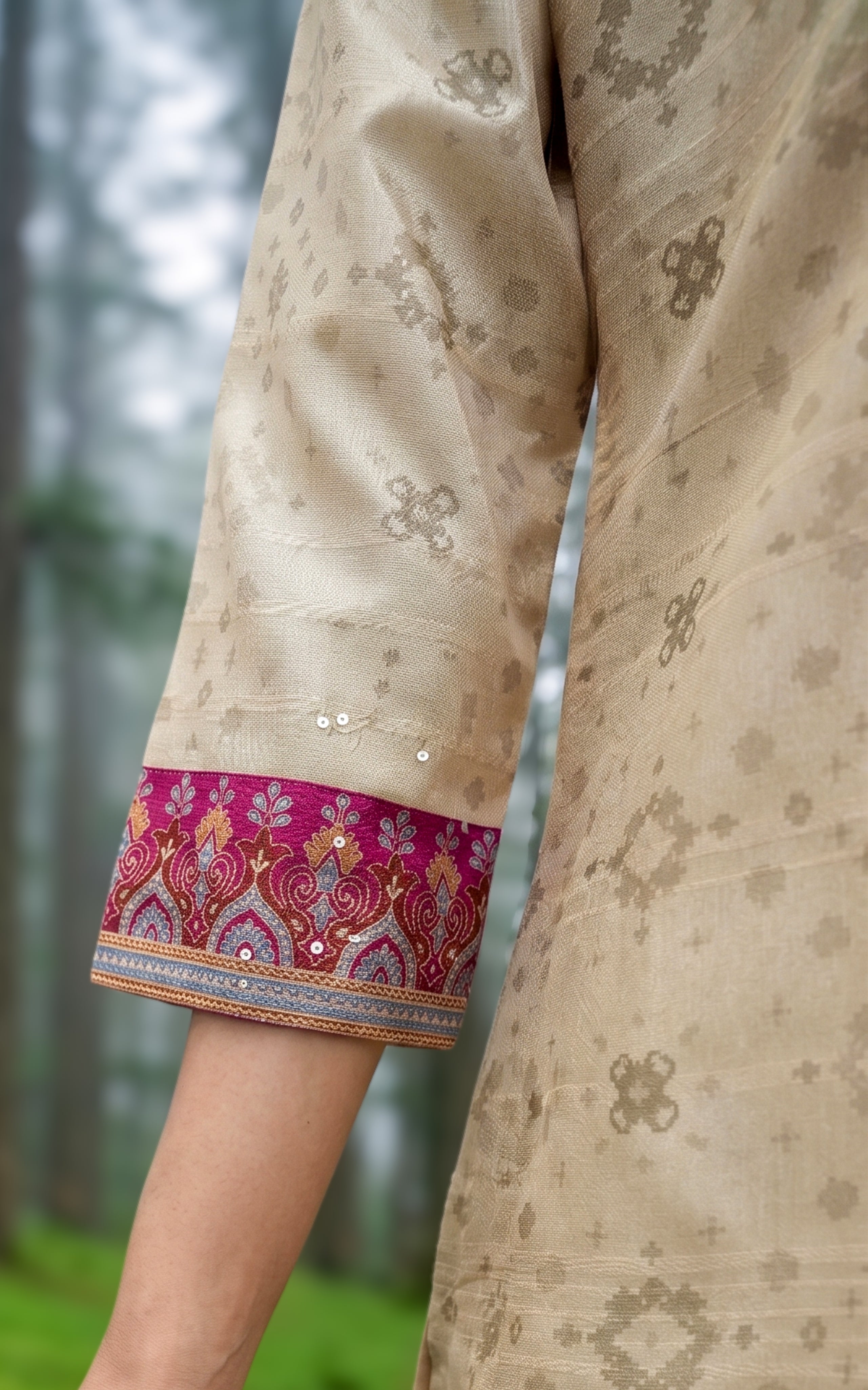 Instore – Beige Madhumeena Kurti Pant Dupatta Set for Women – Art Silk – Festive Ethnic Wear
