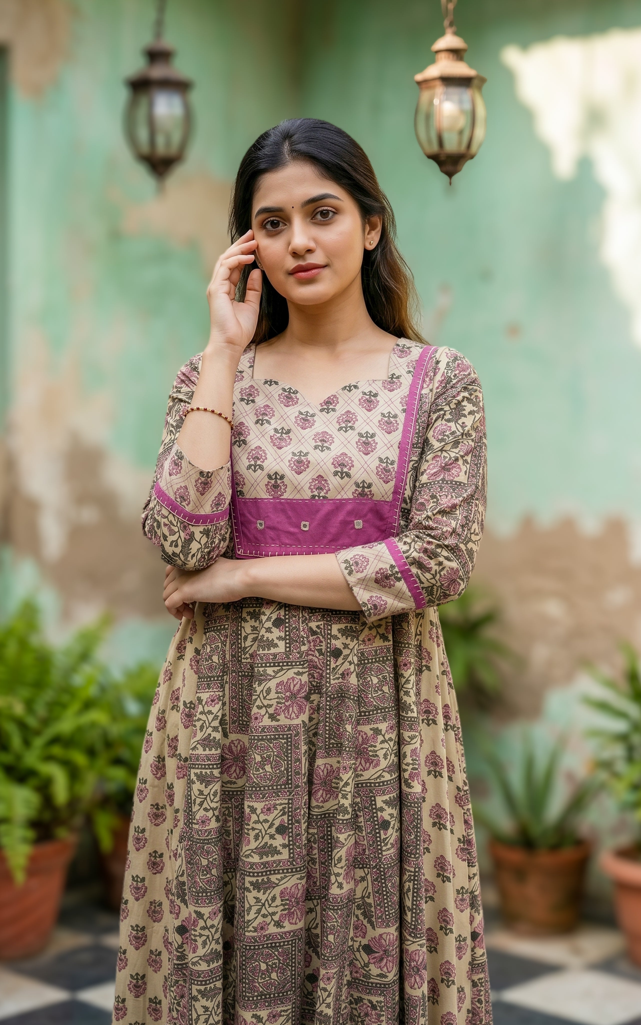 Printed cotton Anarkali kurti with thread embroidery for women