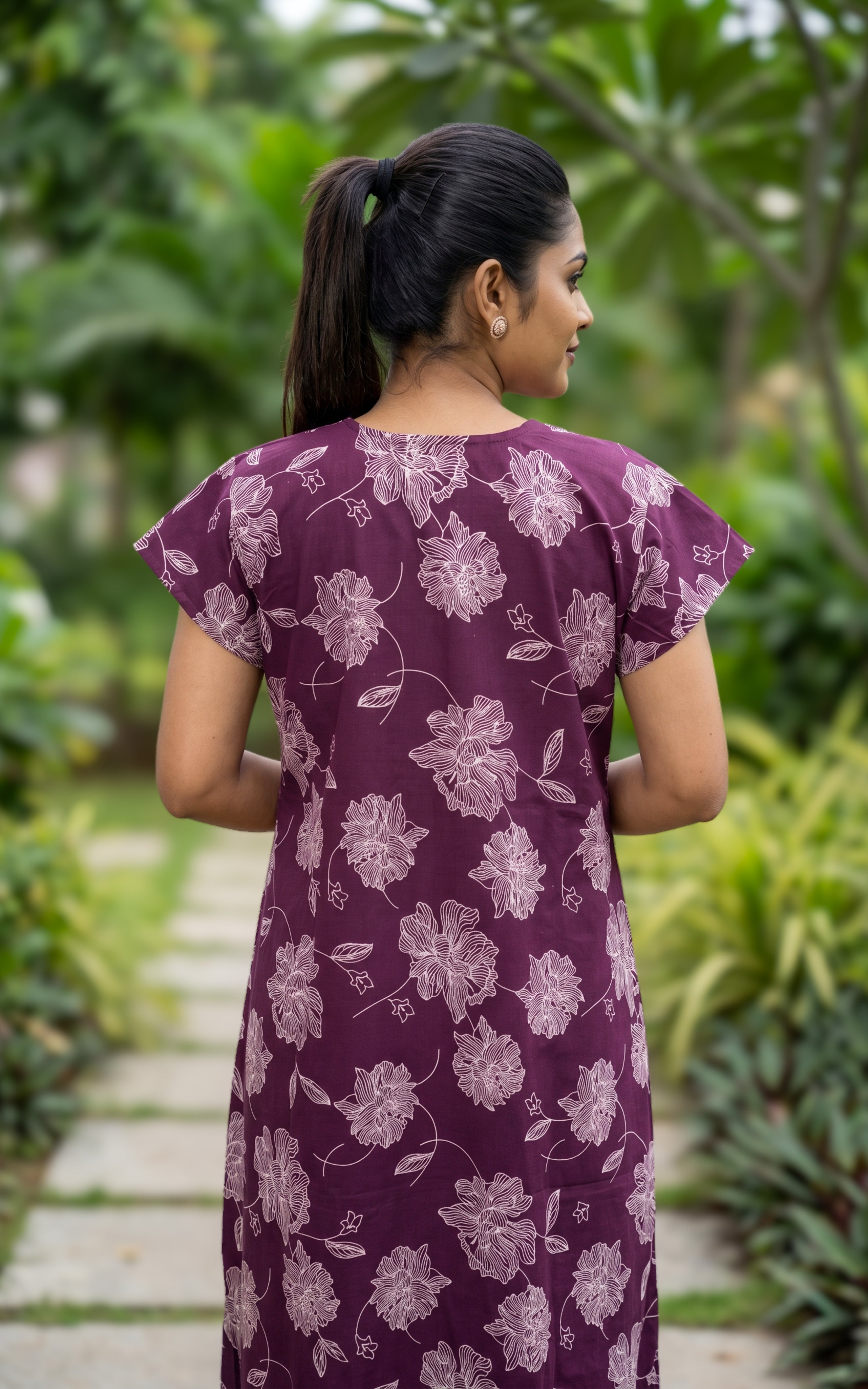 Instore - Plum Floral Print Cotton Long Nighty with Button Placket, Side Pocket, Relaxed Fit, Women's Sleepwear