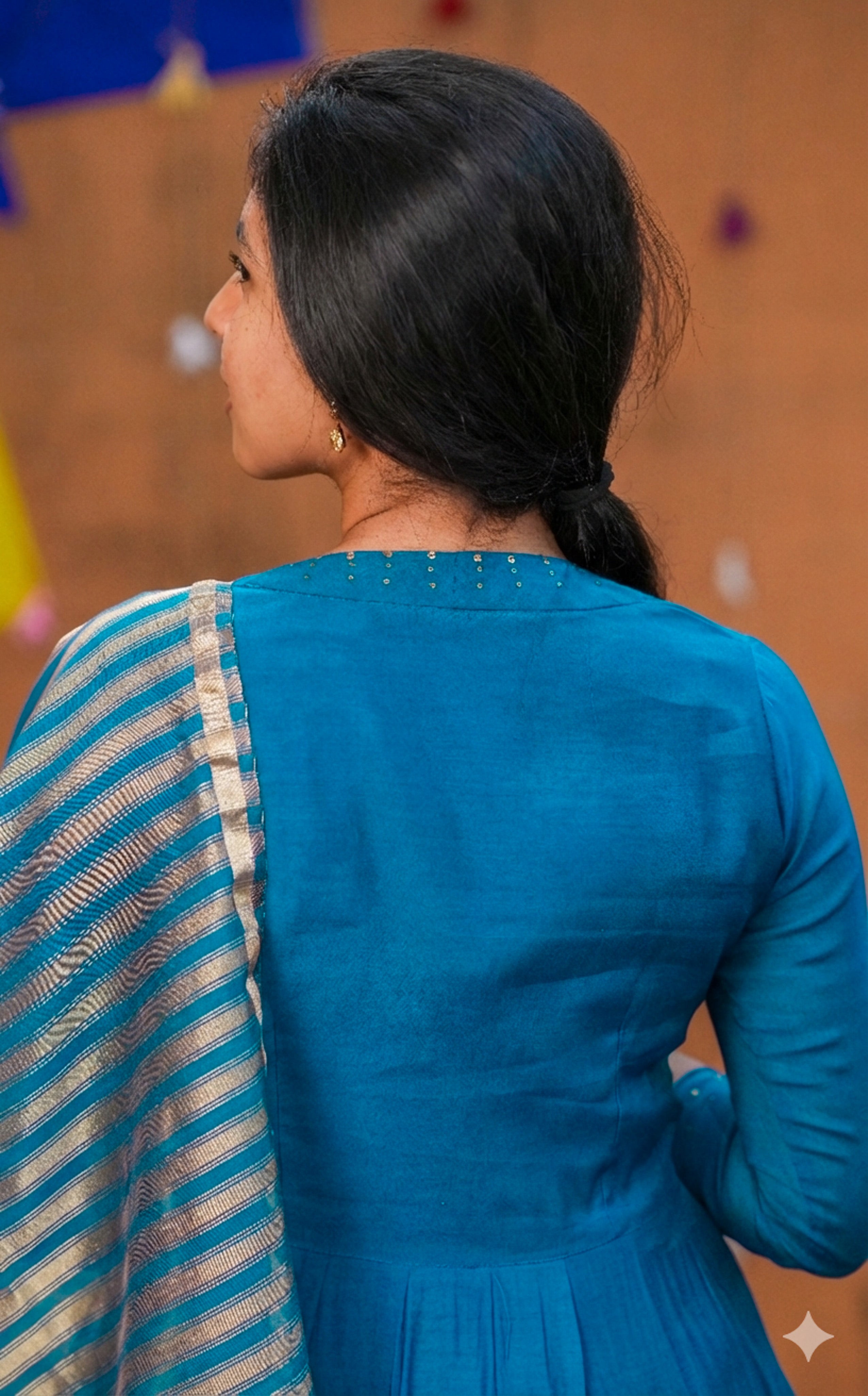 Instore - Peacock Blue Art Silk Sequin Embroidery Anarkali with V-Neckline and Mul Chanderi Dupatta with Cotton Lining