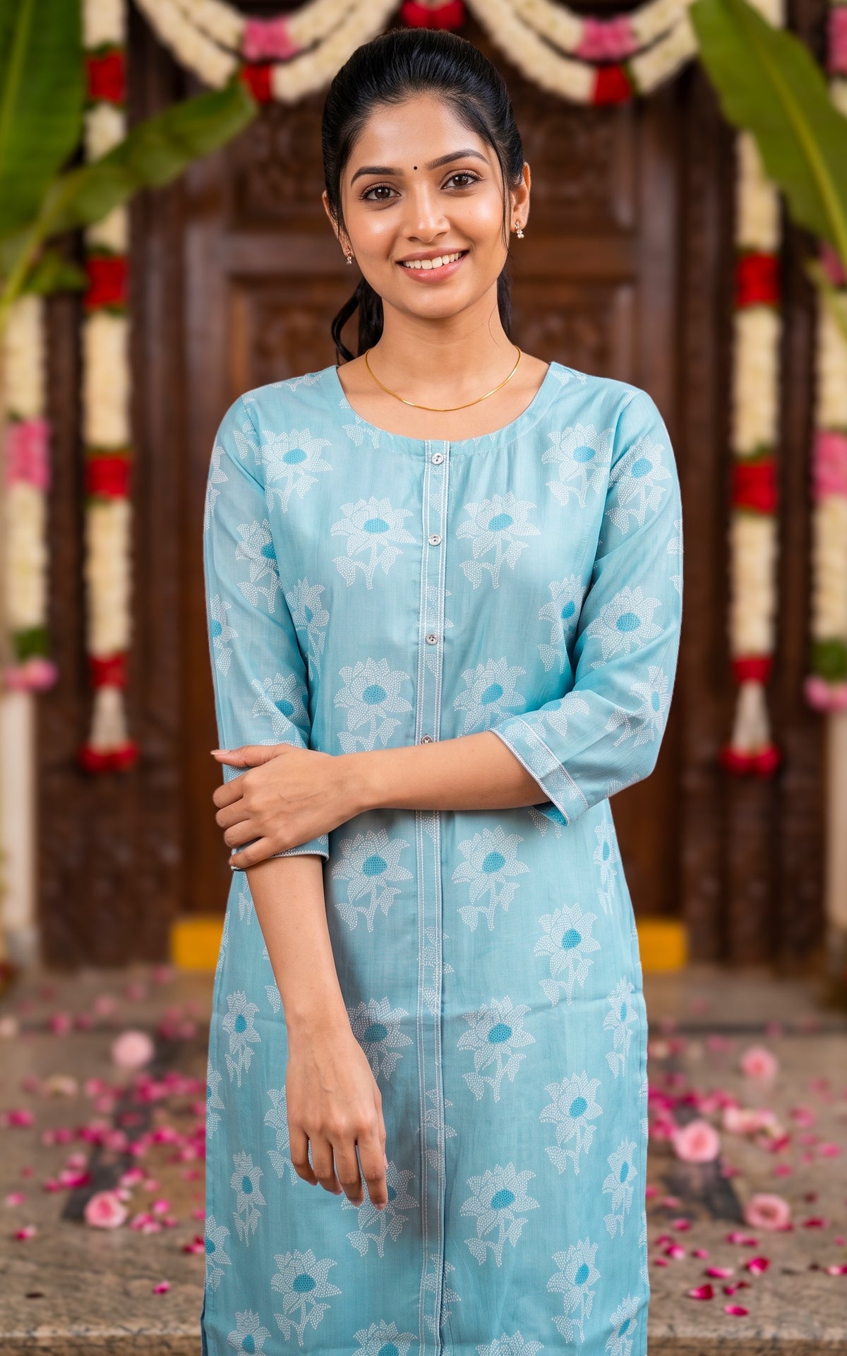 Sky Blue Silk Cotton Straight Cut Kurti for Women