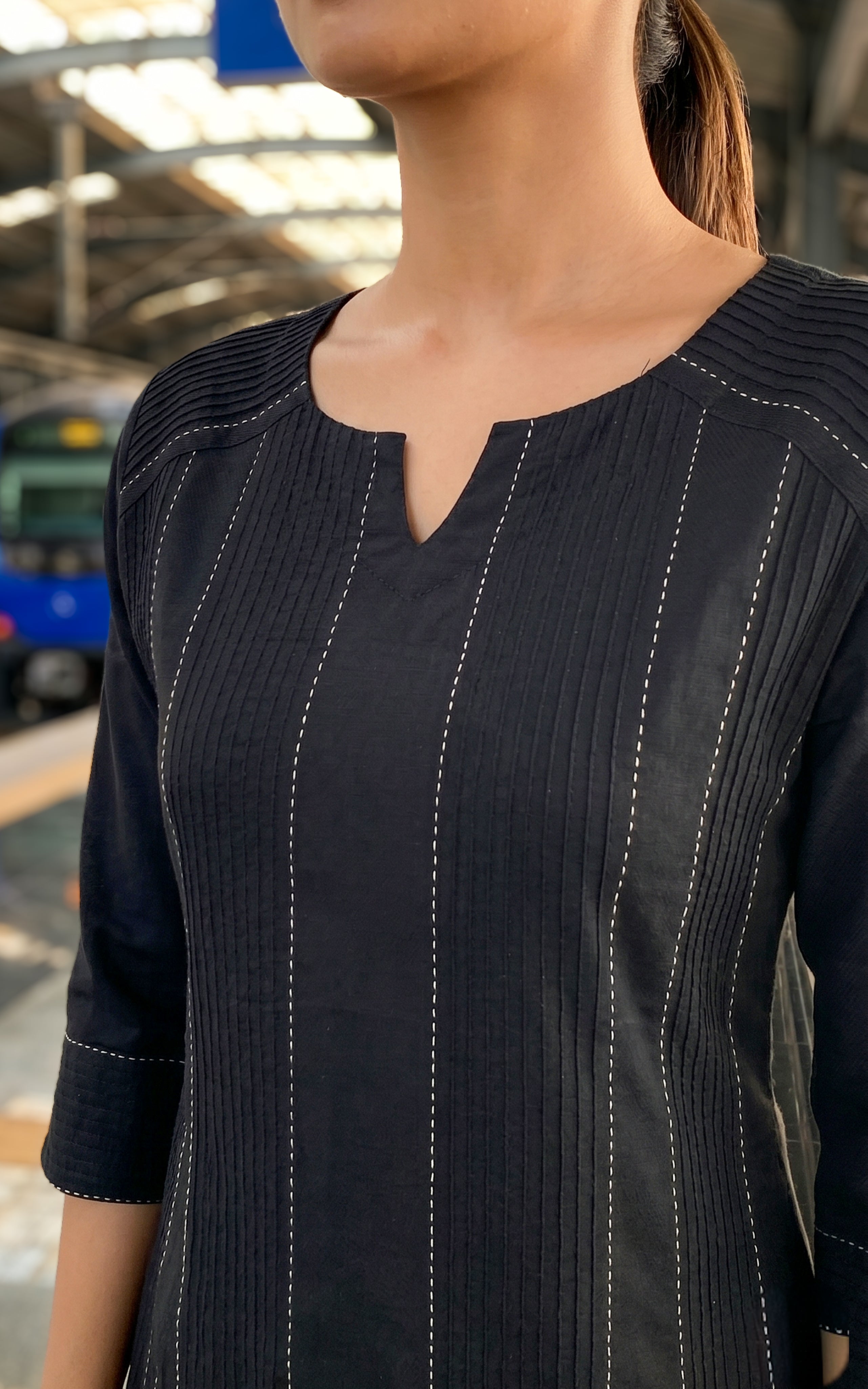 Instore - Black Color Cotton Flex Straight Cut Kurti with Side Slit, Paired with Cotton Dupatta, No Lining