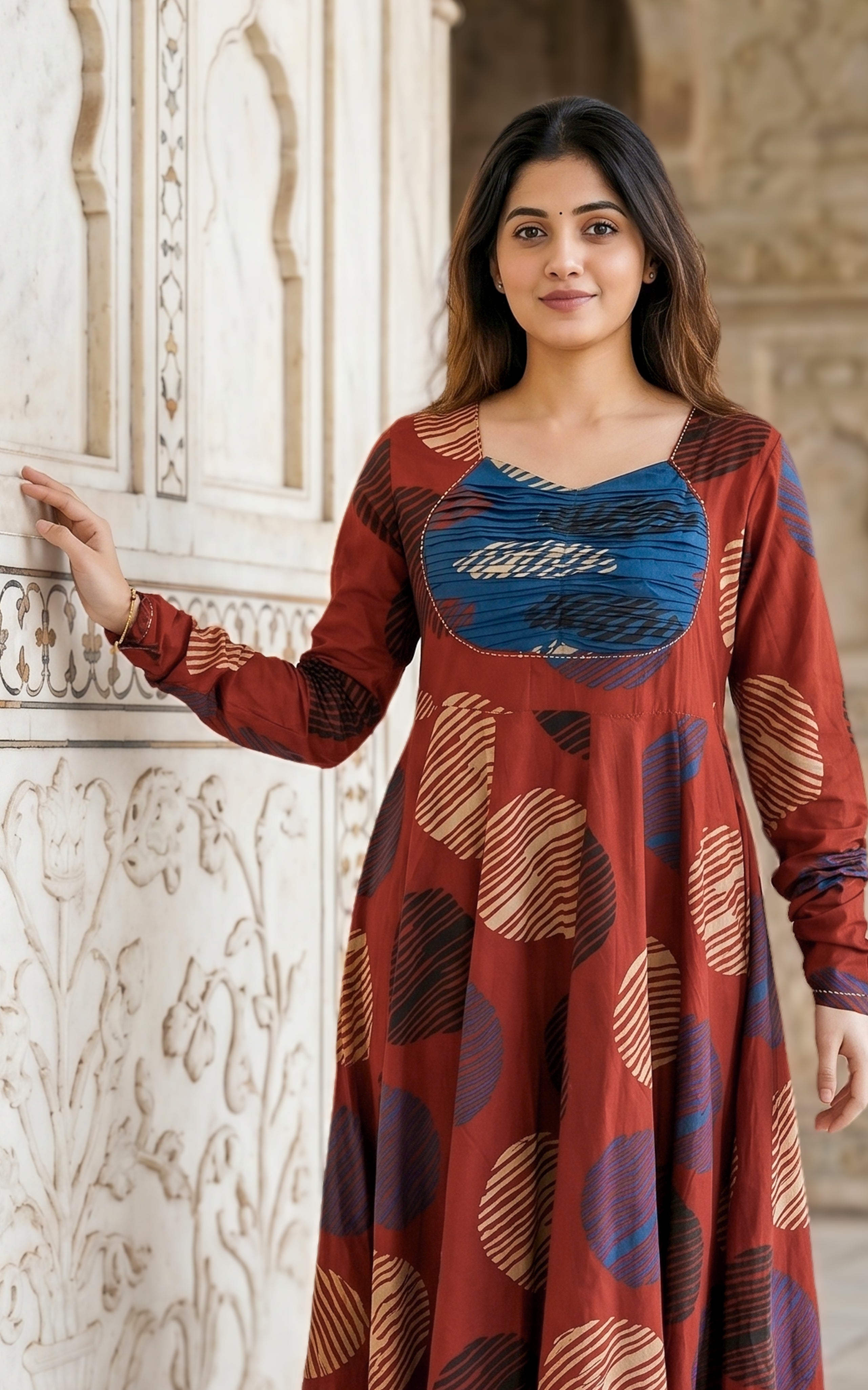 Instore - Maroon Color Printed Cotton Flared Anarkali Kurti with Line Embroidery & Sweetheart Neck with Gathered Sleeve